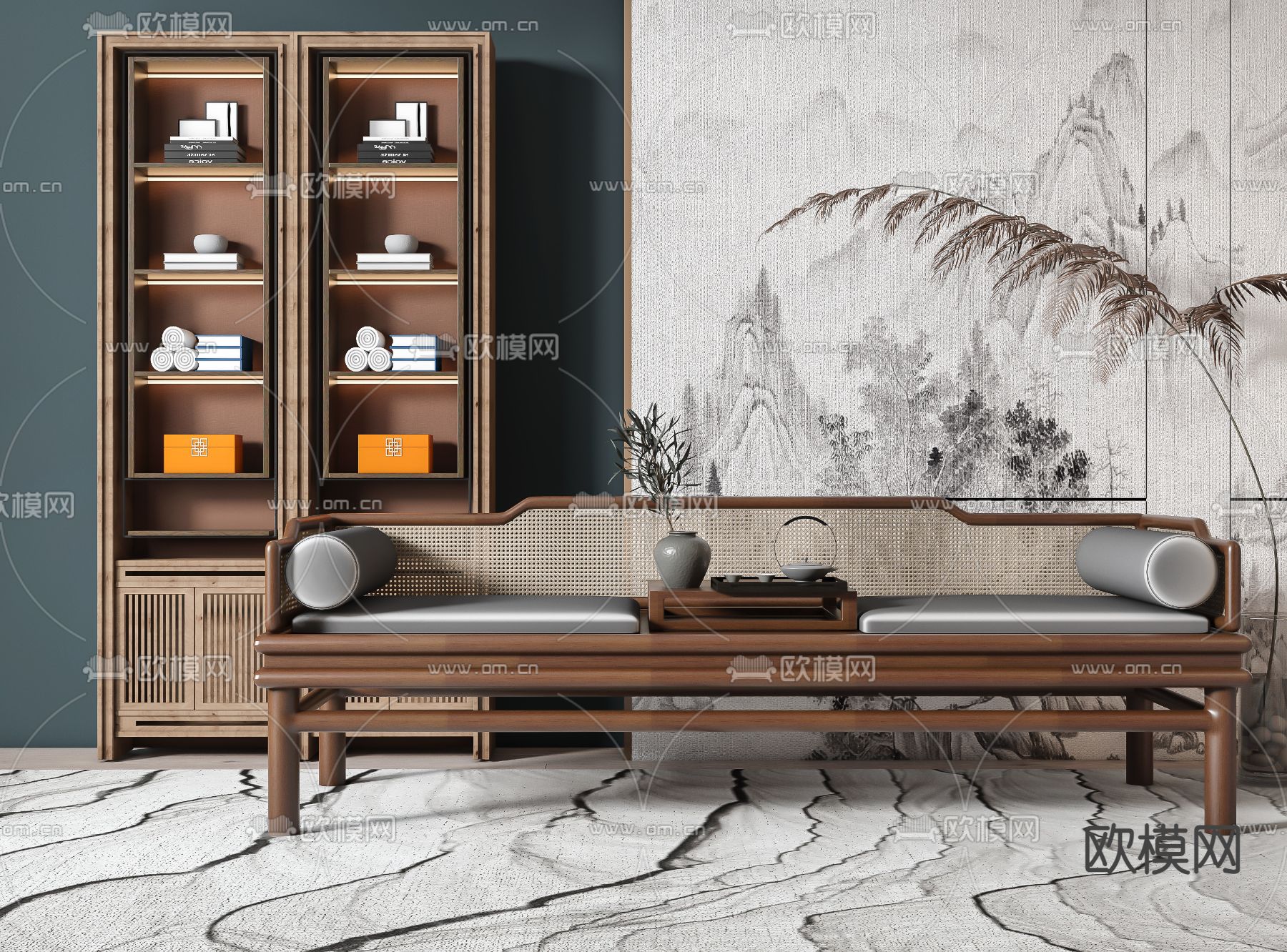 新中式实木双人沙发3d模型下载