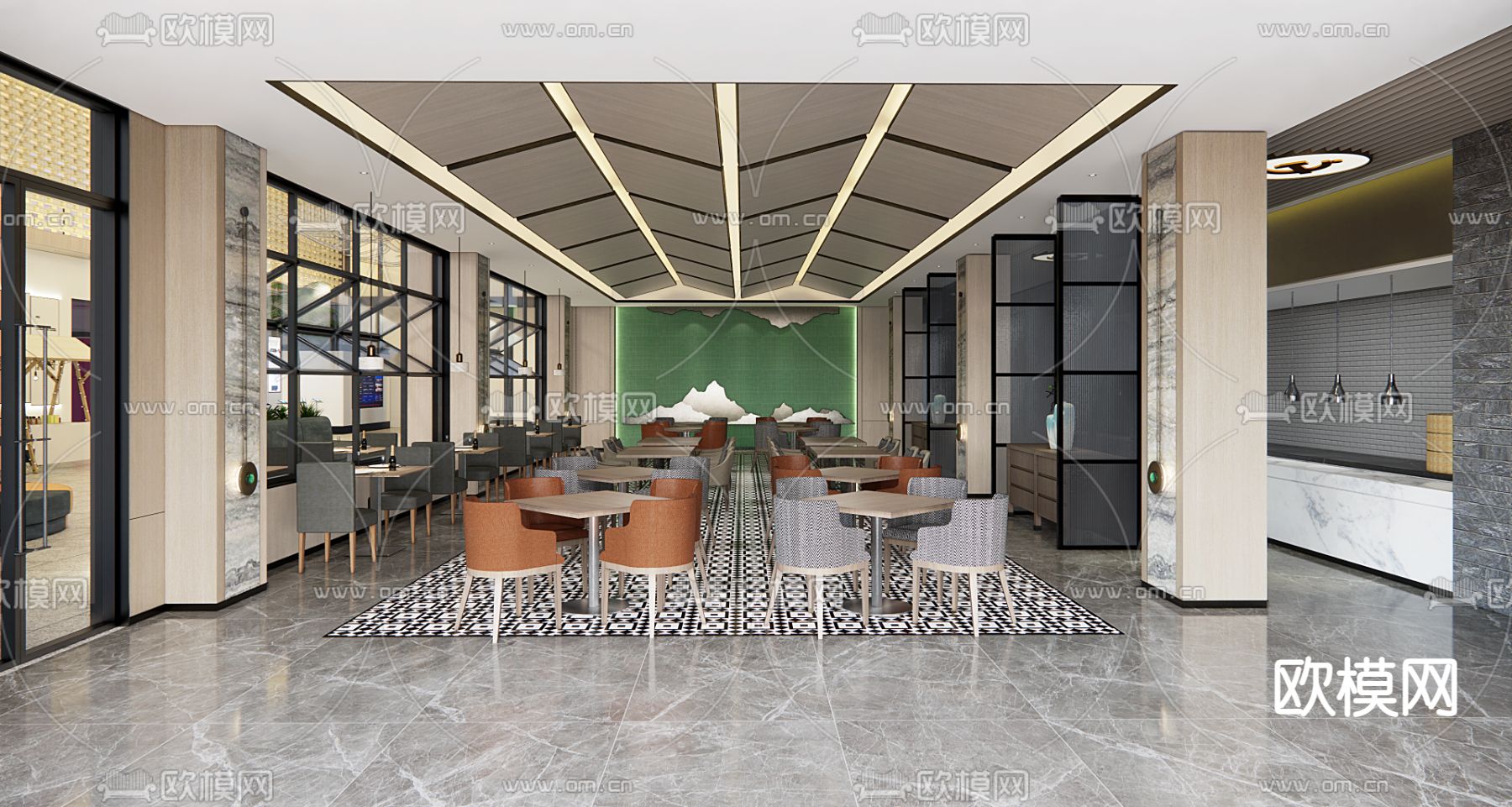 新中式中餐厅su模型下载（渲染图2）