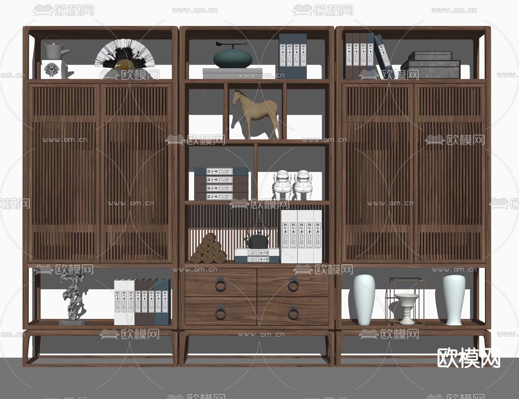 新中式书柜su模型下载（渲染图2）
