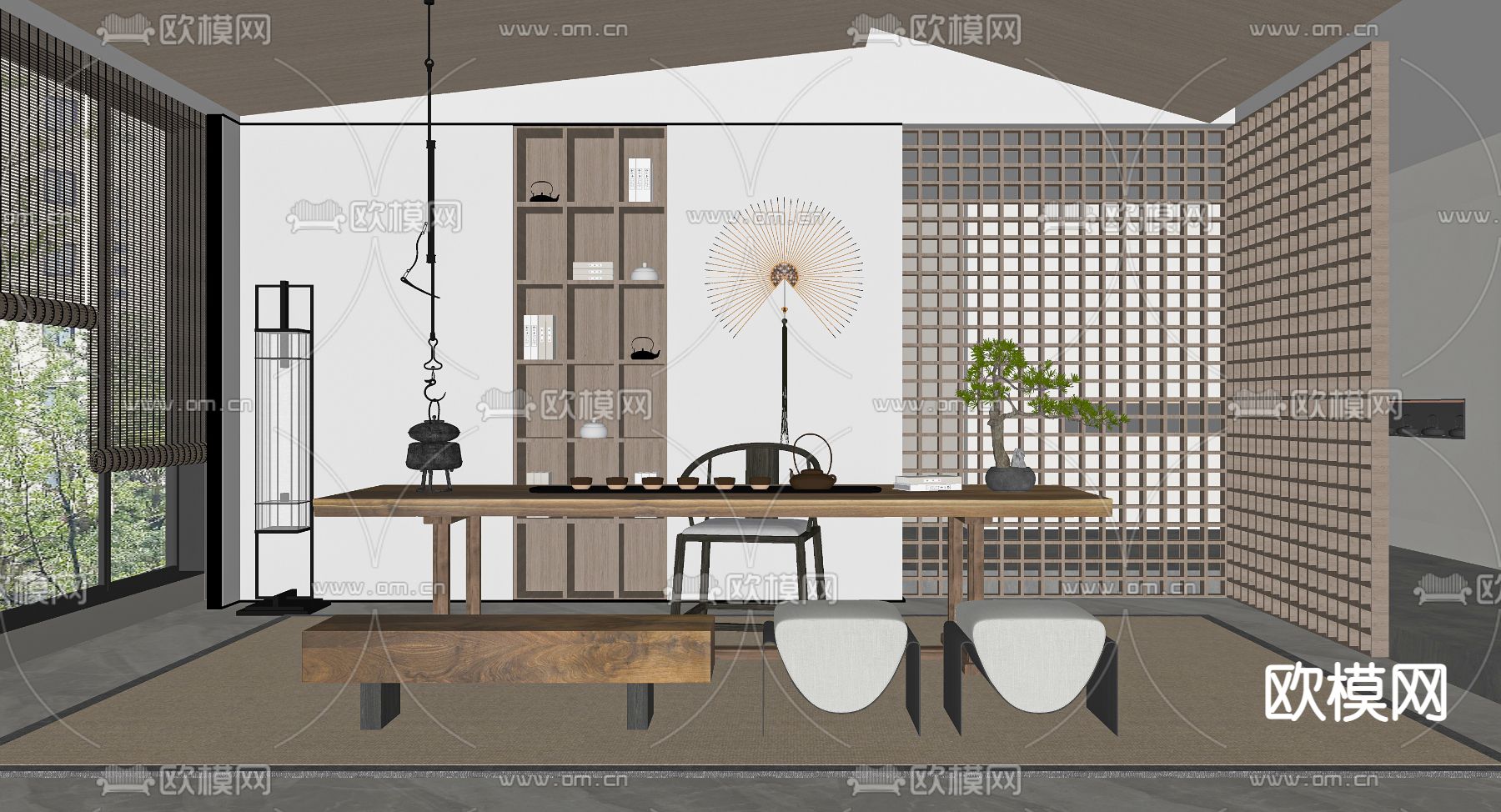 新中式茶室su模型下载（渲染图2）