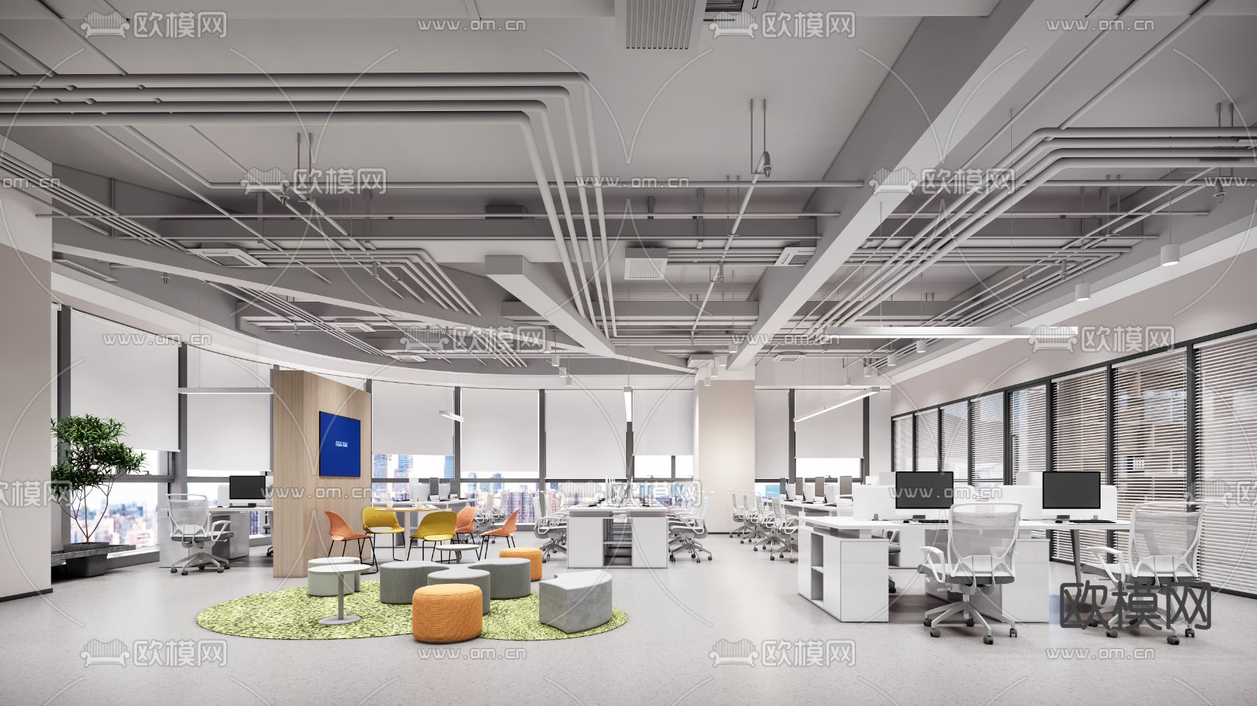 现代公共办公区su模型下载（渲染图1）