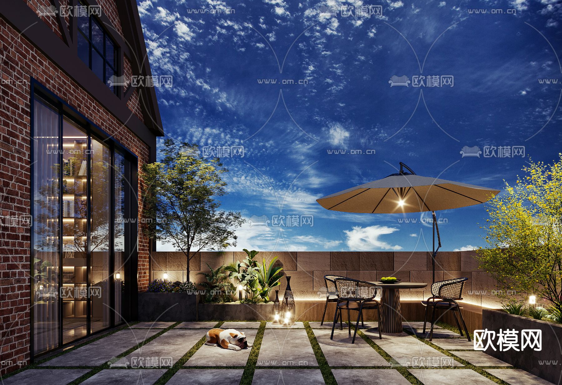 现代顶楼露台夜景3d模型下载