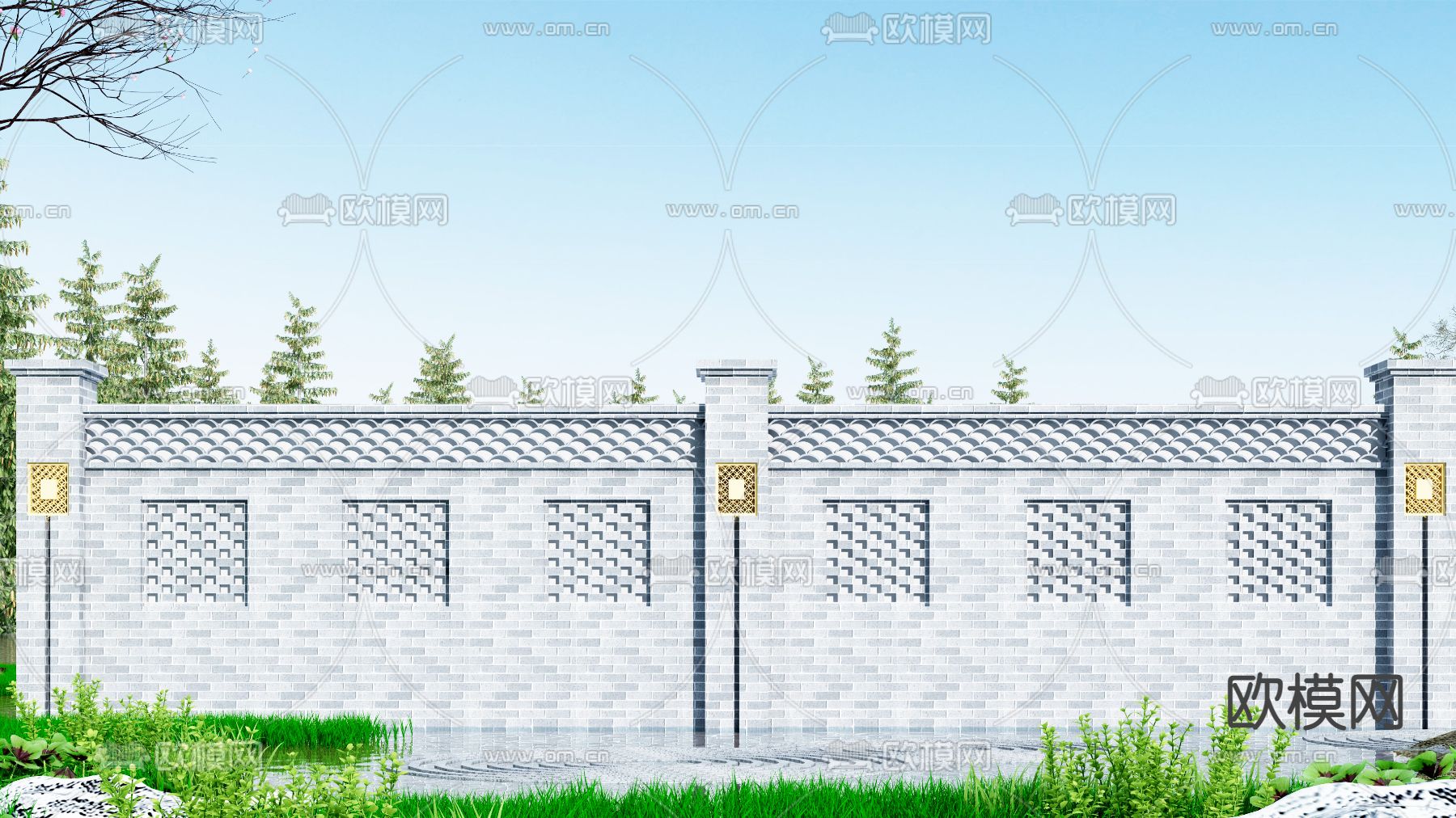 中式园林围墙3d模型下载
