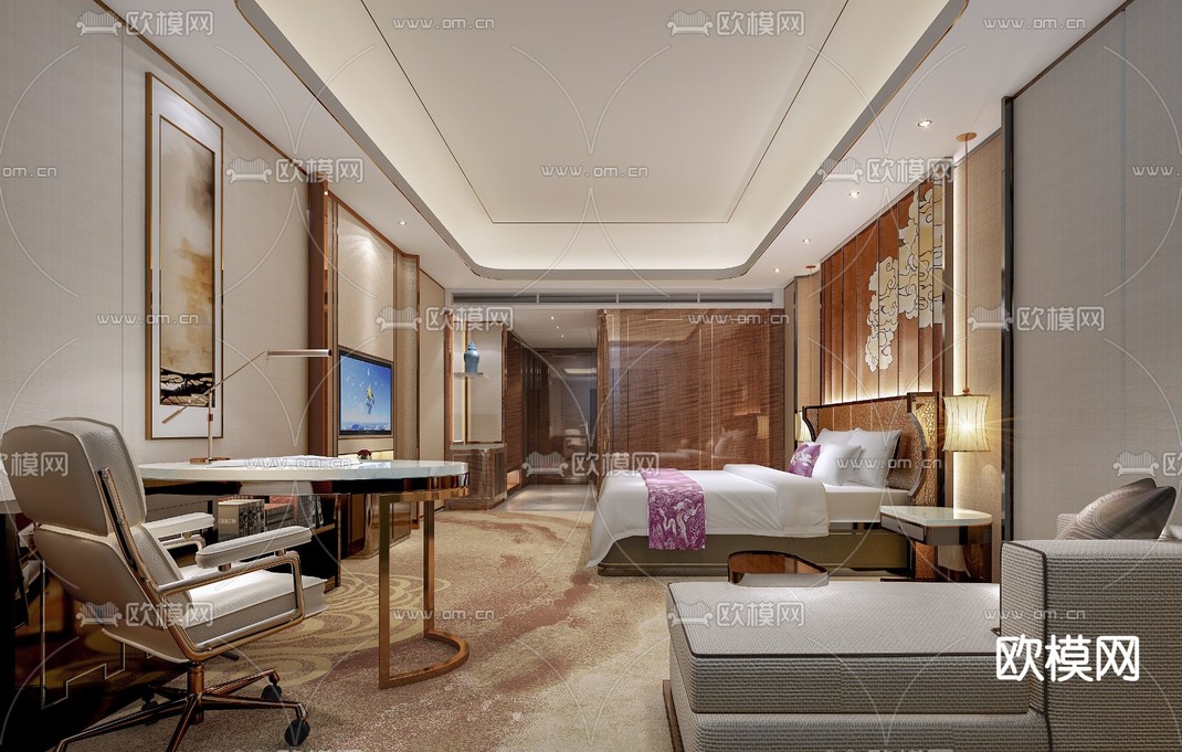 新中式酒店单人床客房3d模型下载_ID12019008_3dmax免费模型-欧模网