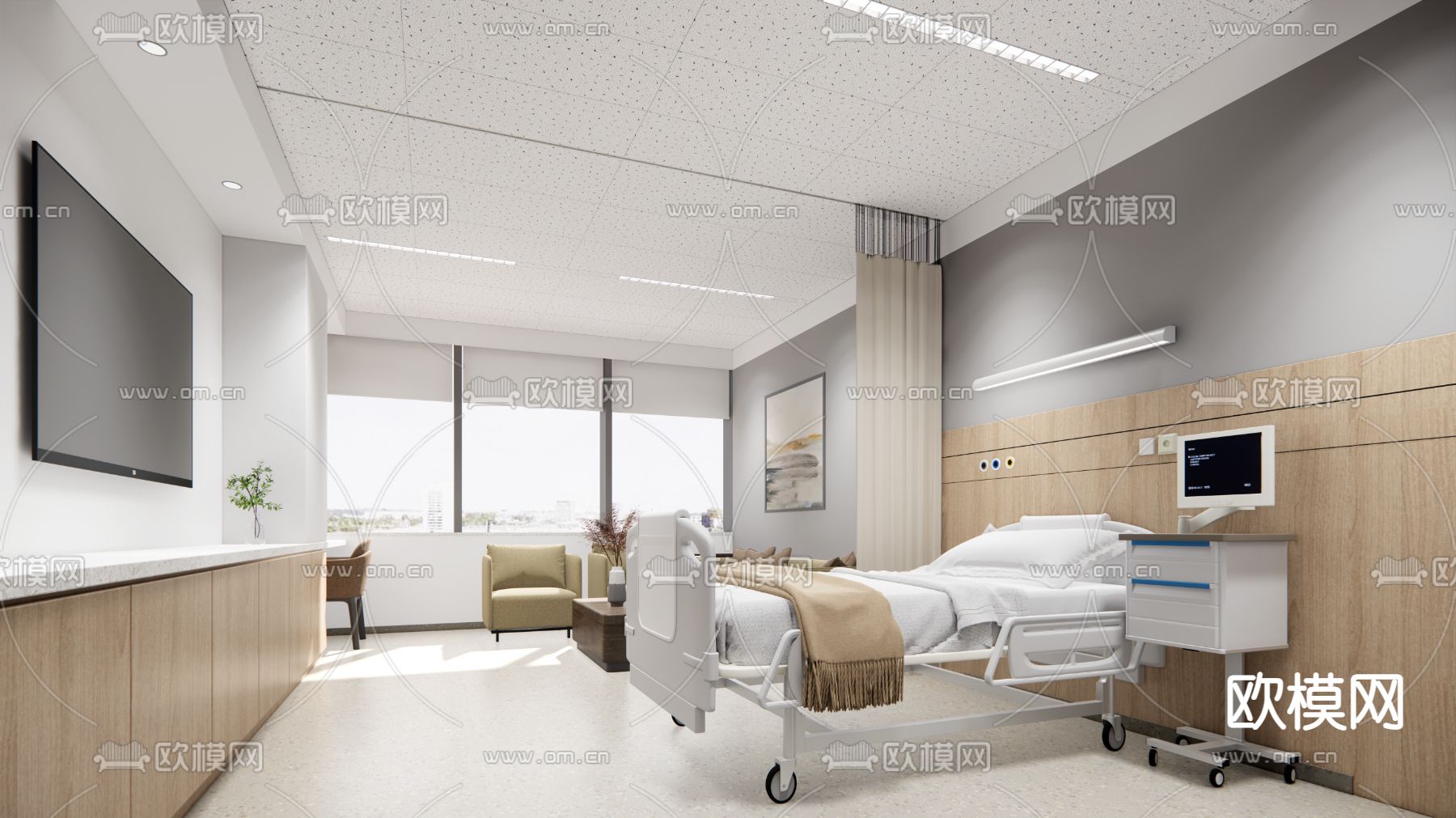 现代医院病房su模型下载（渲染图1）