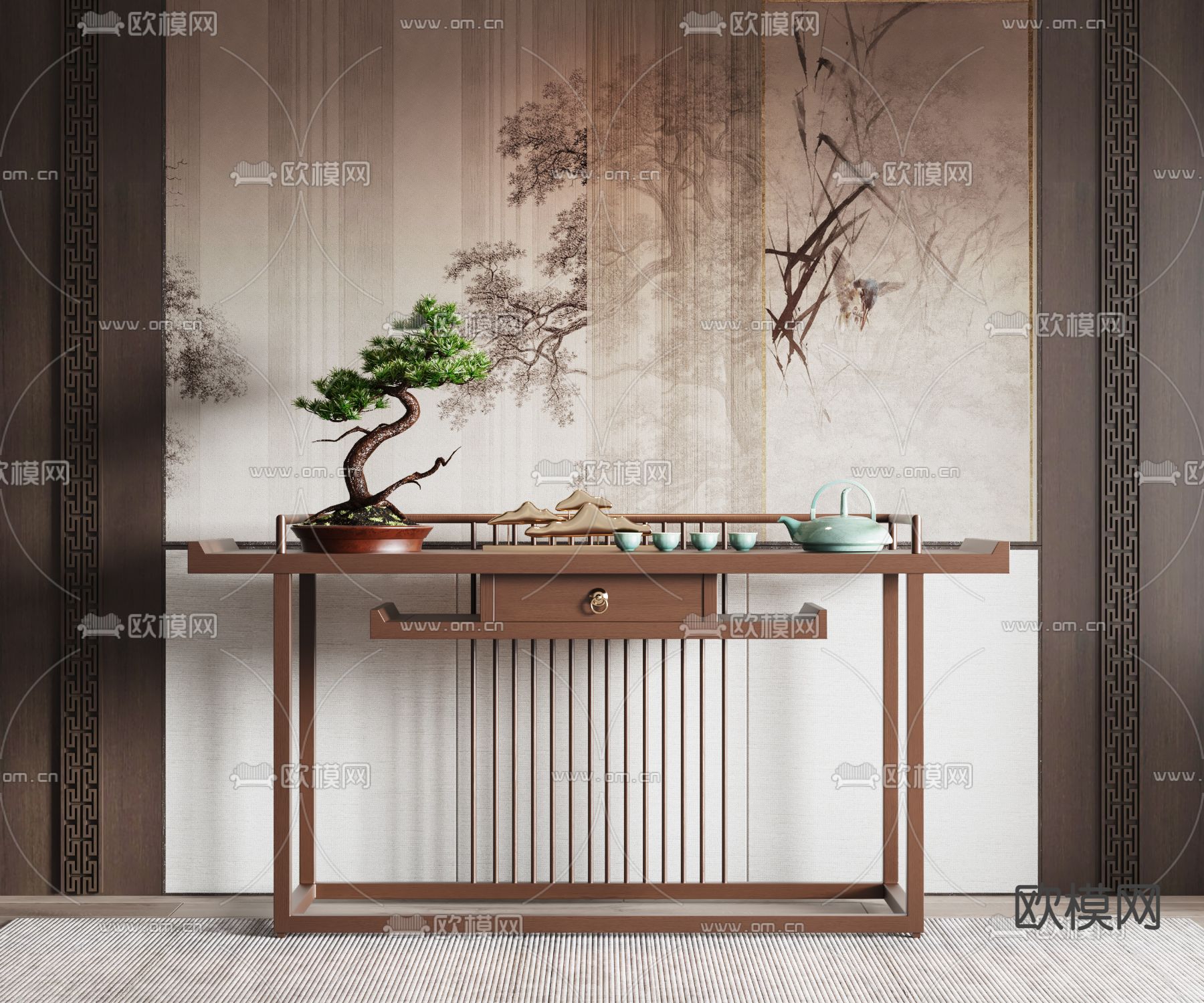 新中式玄关端景条案3d模型下载