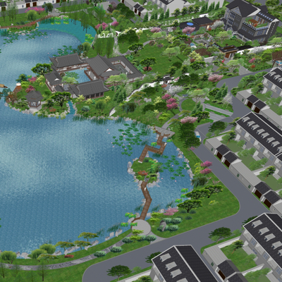  新中式旅游度假村鸟瞰su模型 