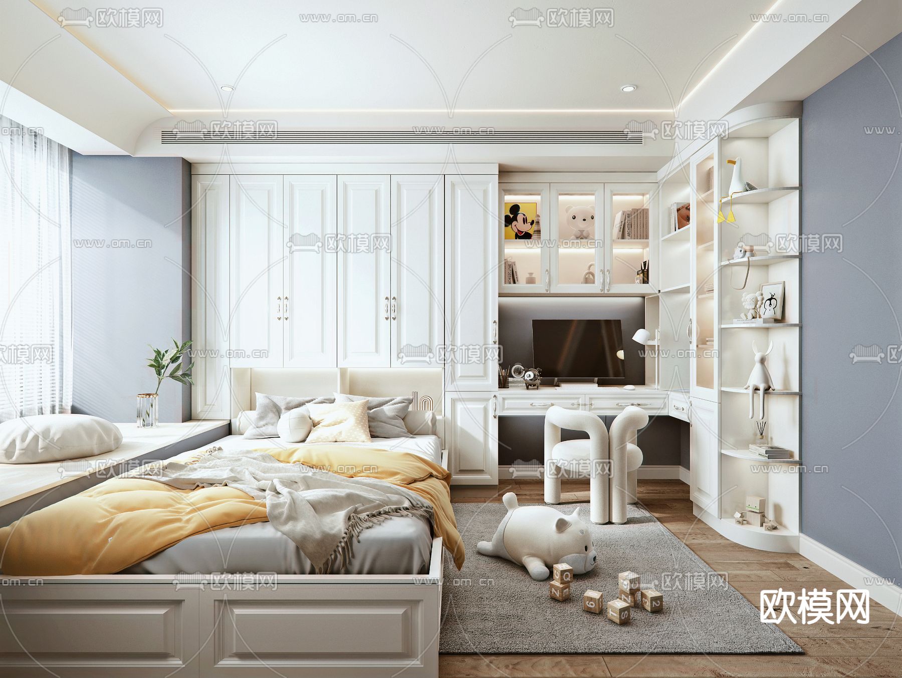 简欧榻榻米儿童房su模型下载（渲染图1）
