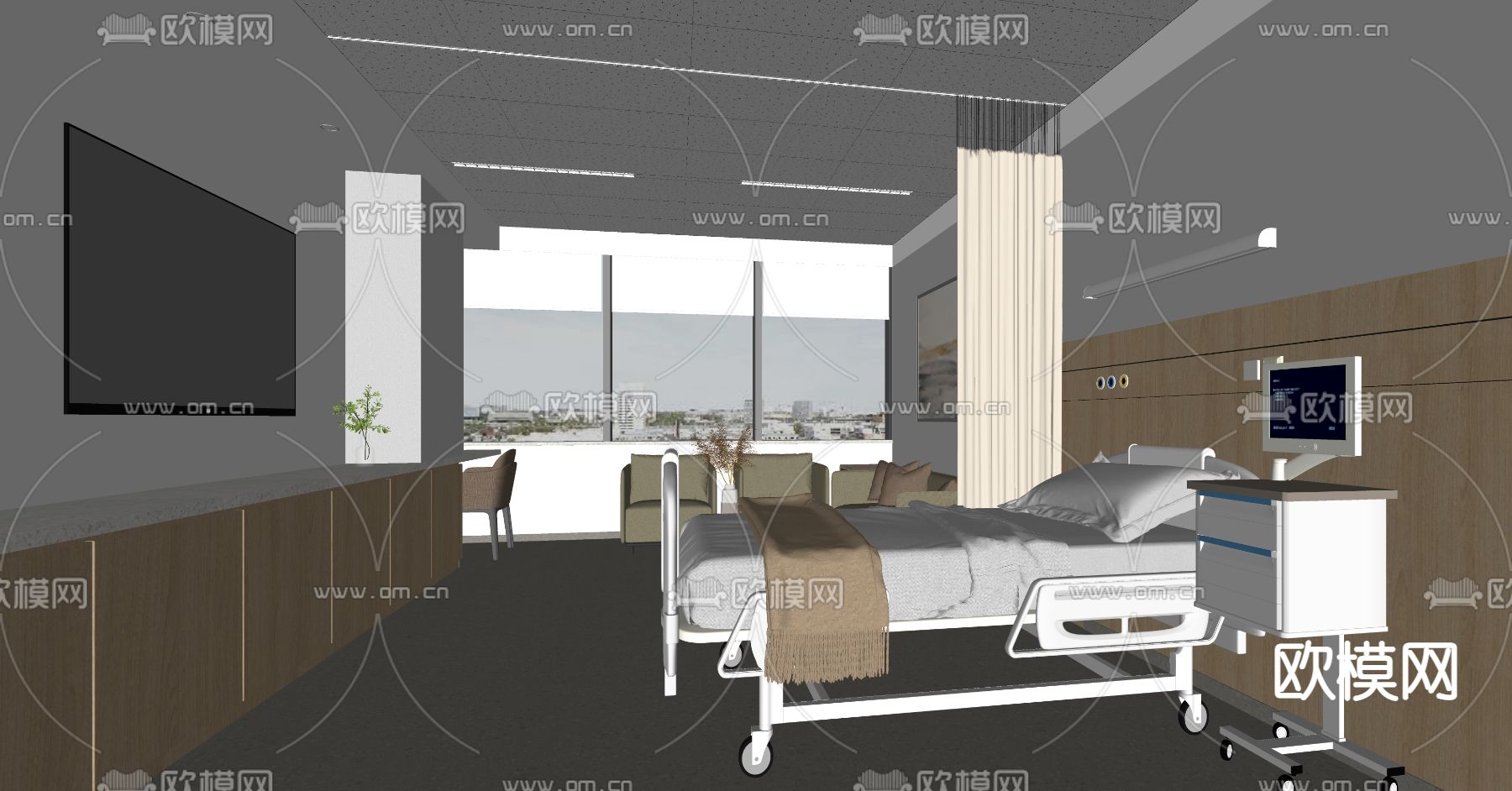 现代医院病房su模型下载（渲染图2）
