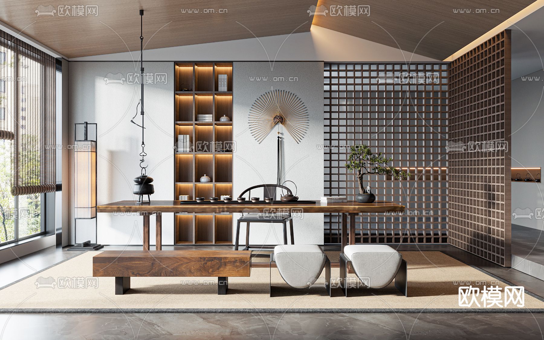 新中式茶室su模型下载（渲染图1）