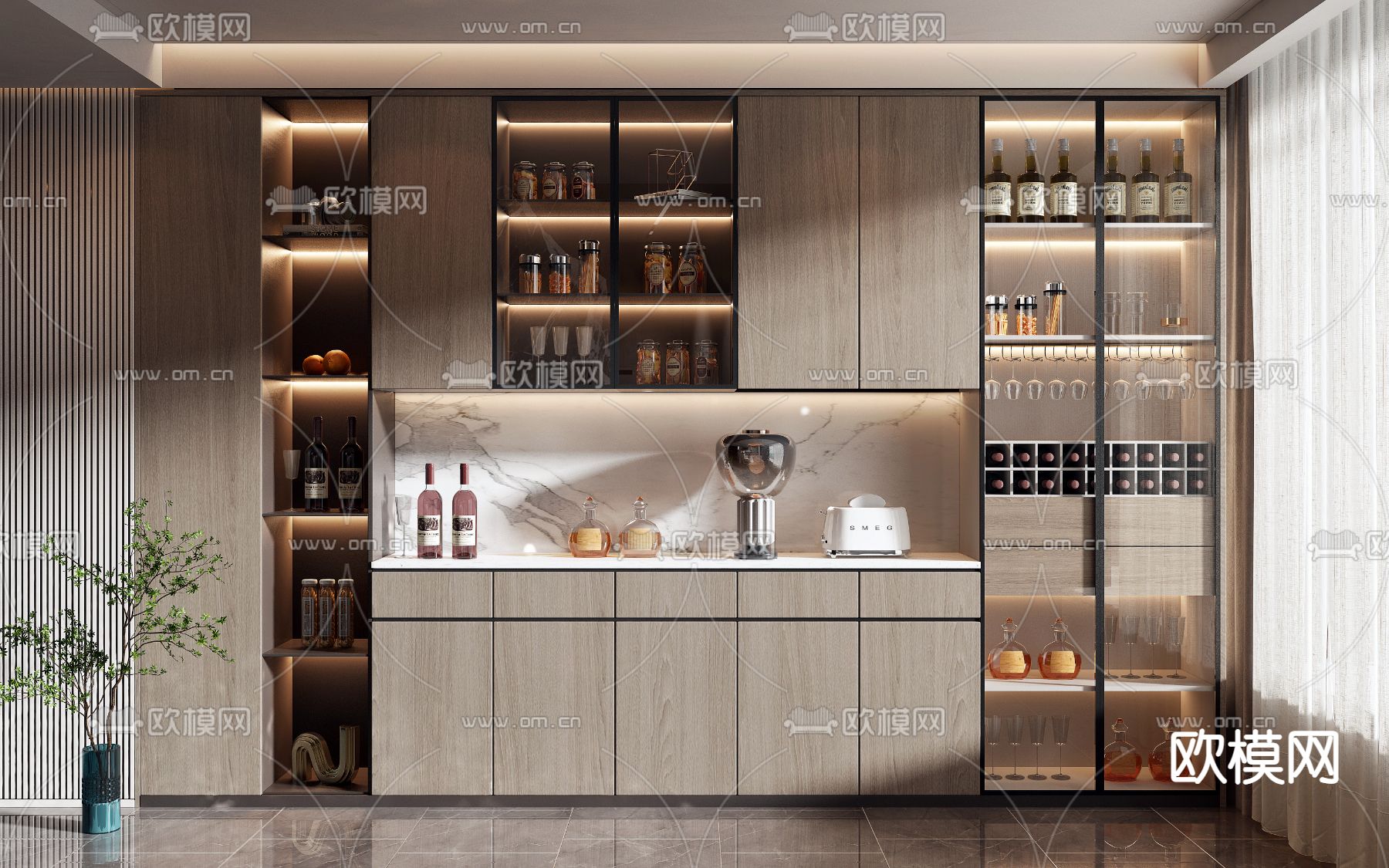 现代实木玻璃展示酒柜3d模型下载