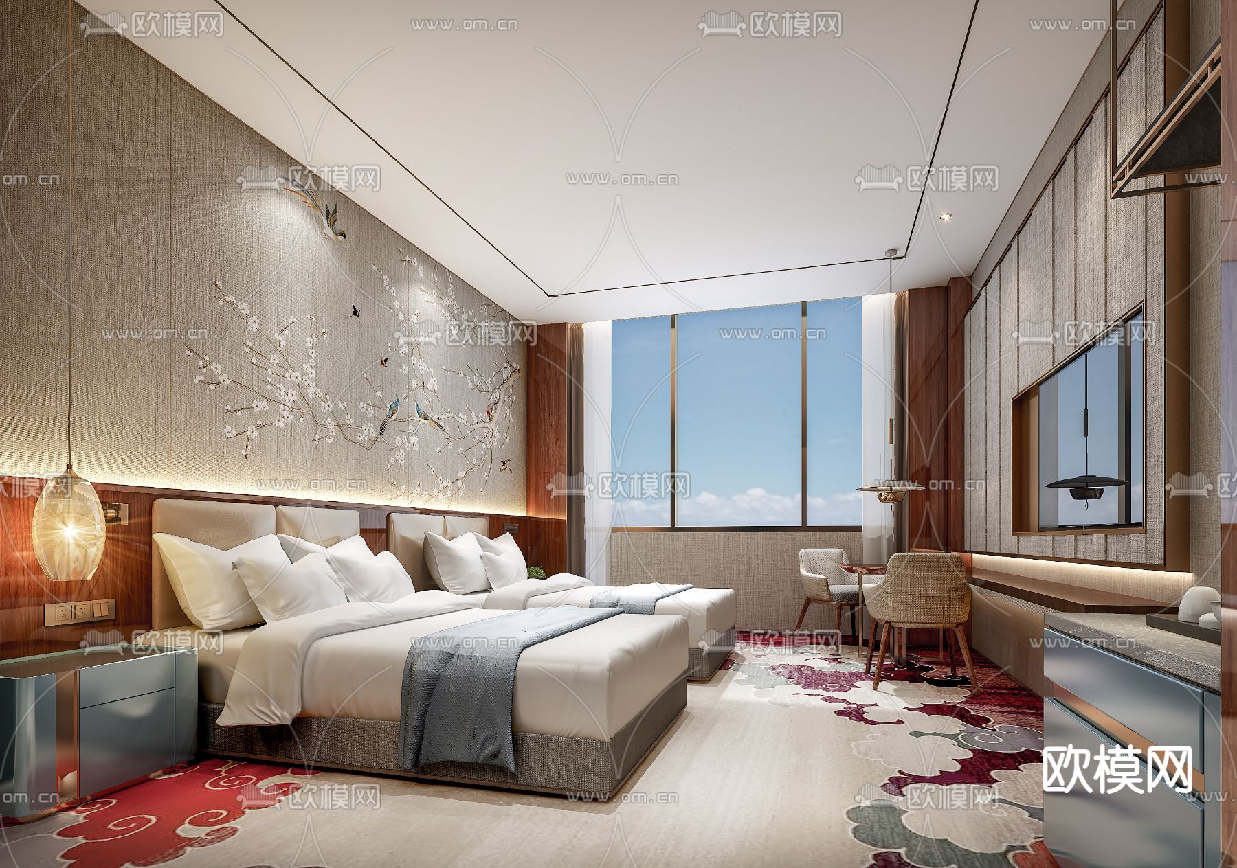 新中式酒店双床客房3d模型下载