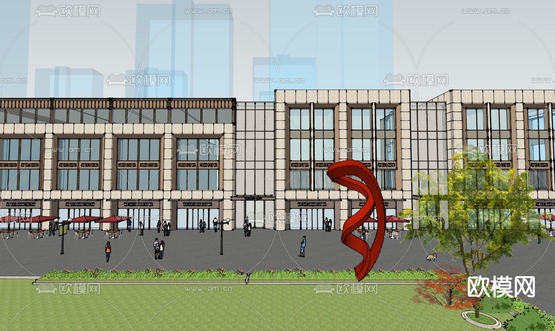 现代商业街su模型下载（渲染图2）