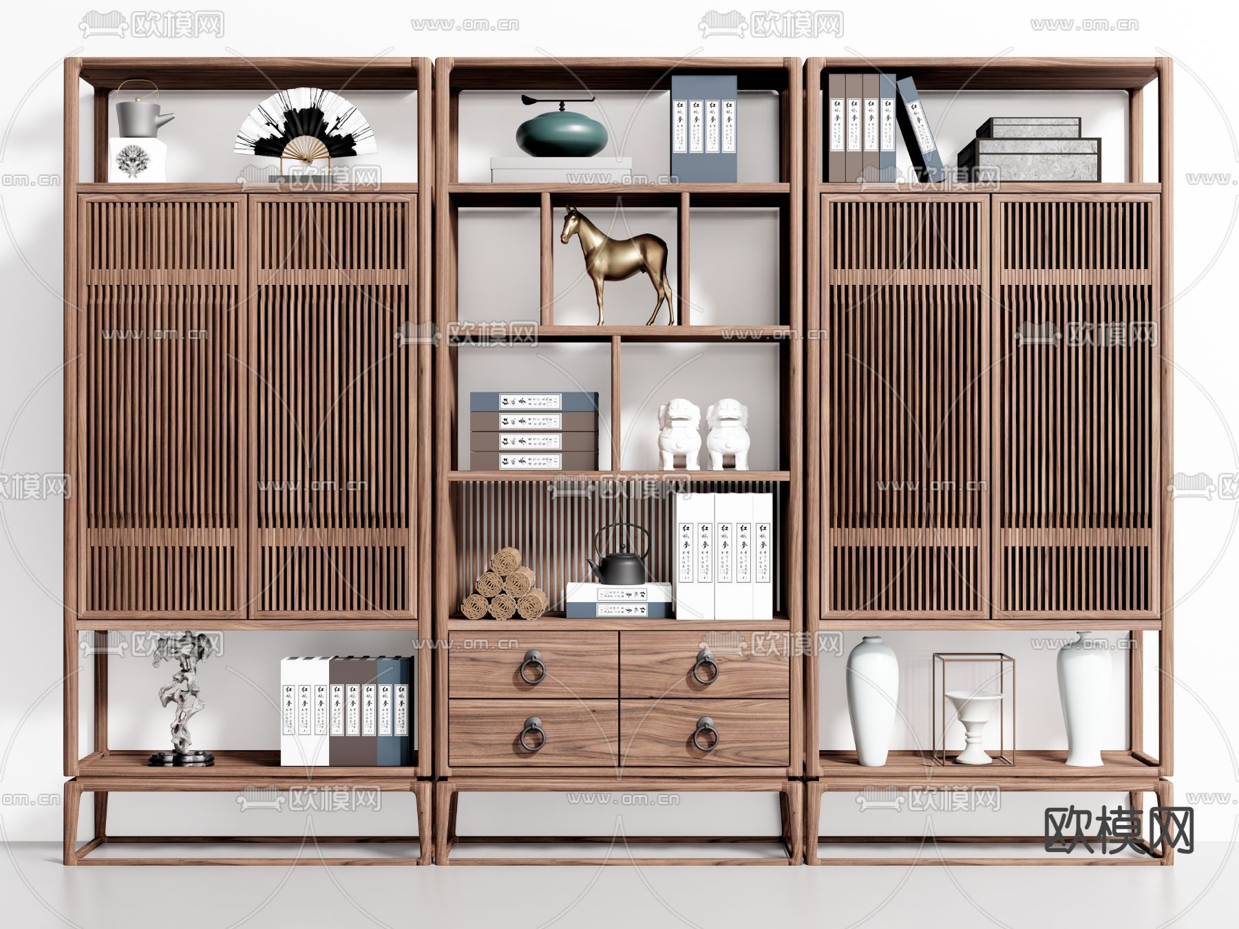 新中式书柜su模型下载（渲染图1）