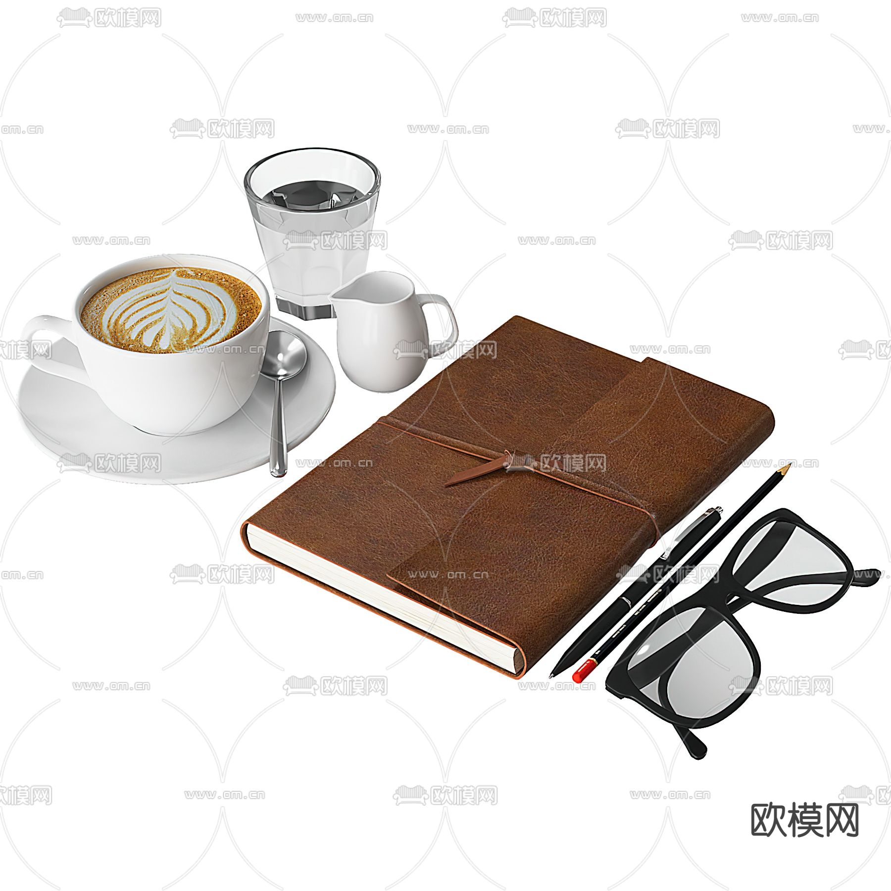 现代咖啡杯牛皮笔记本眼镜3d模型下载（渲染图1）