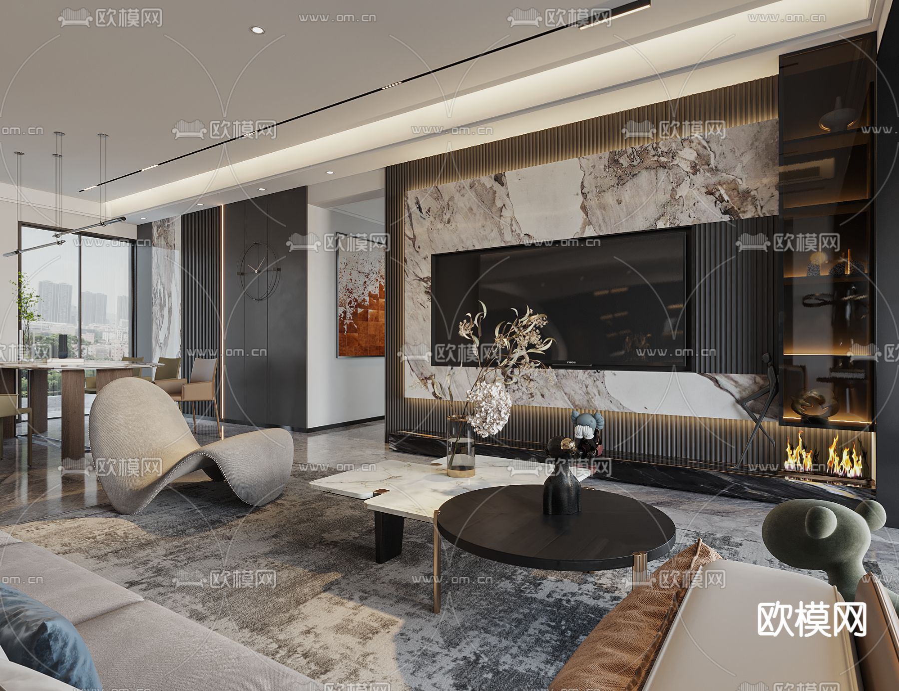 高级灰客厅餐厅3d模型下载（渲染图2）