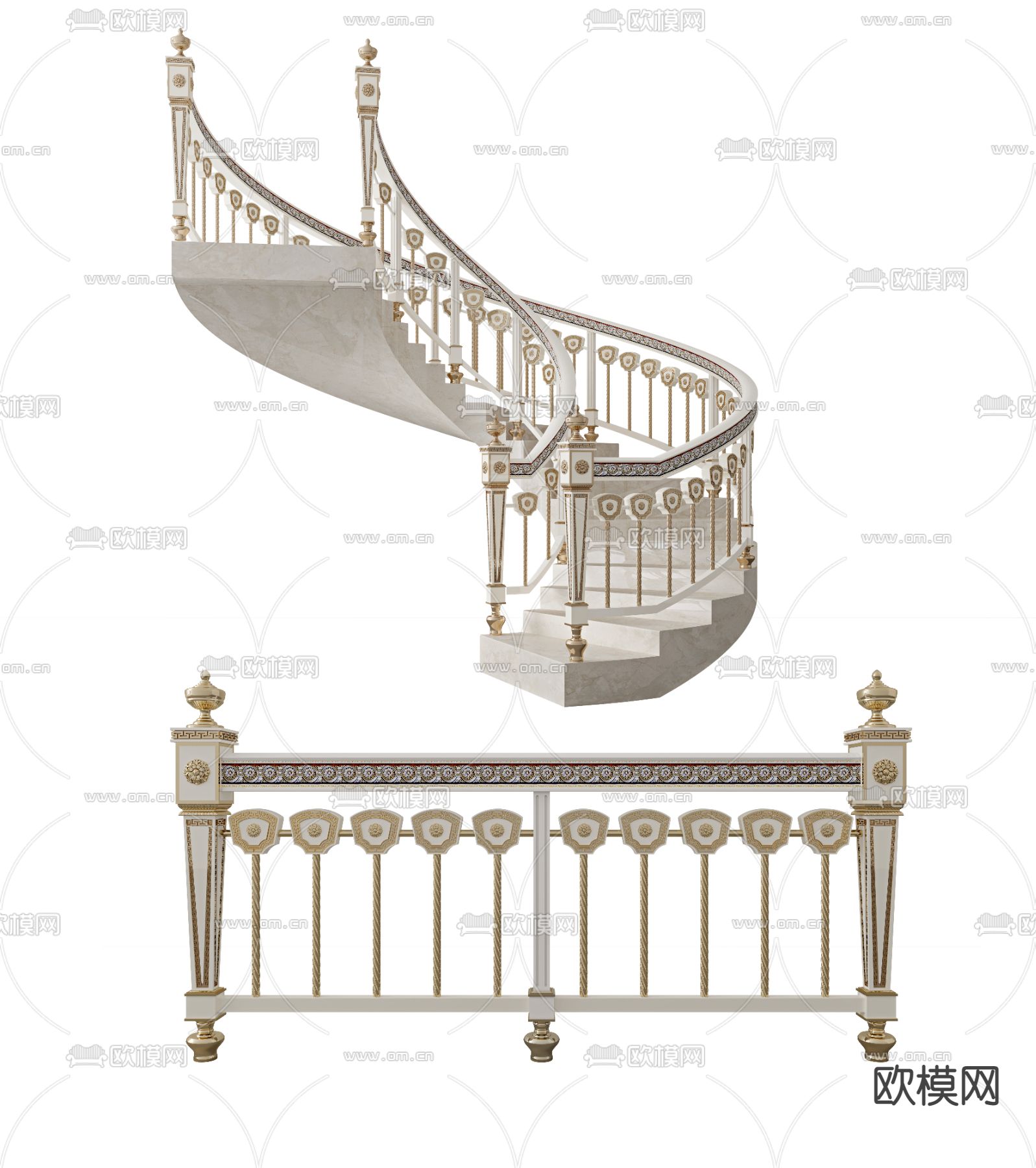 欧式栏杆旋转楼梯3d模型下载（渲染图1）