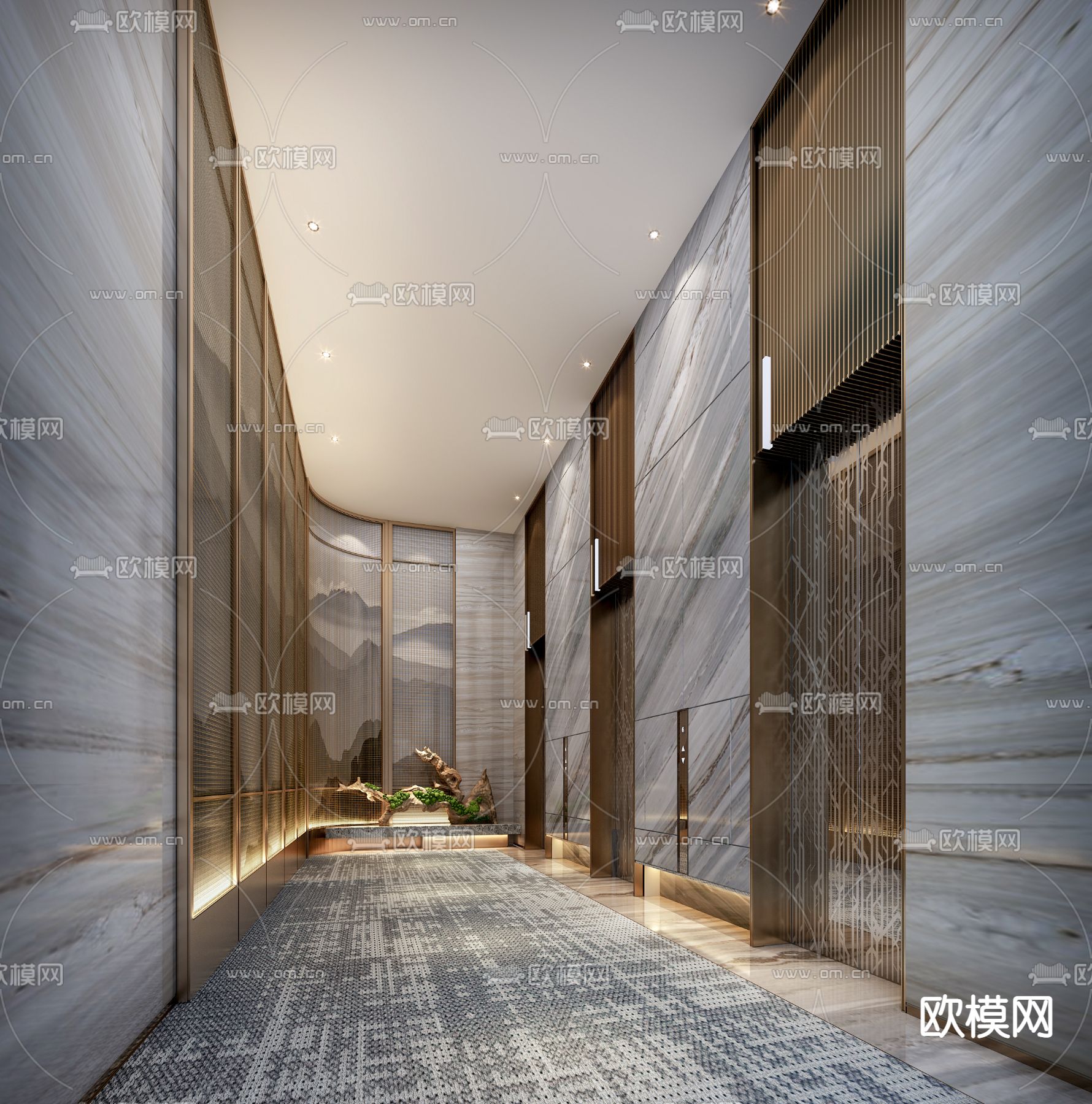 现代轻奢酒店电梯厅3d模型下载