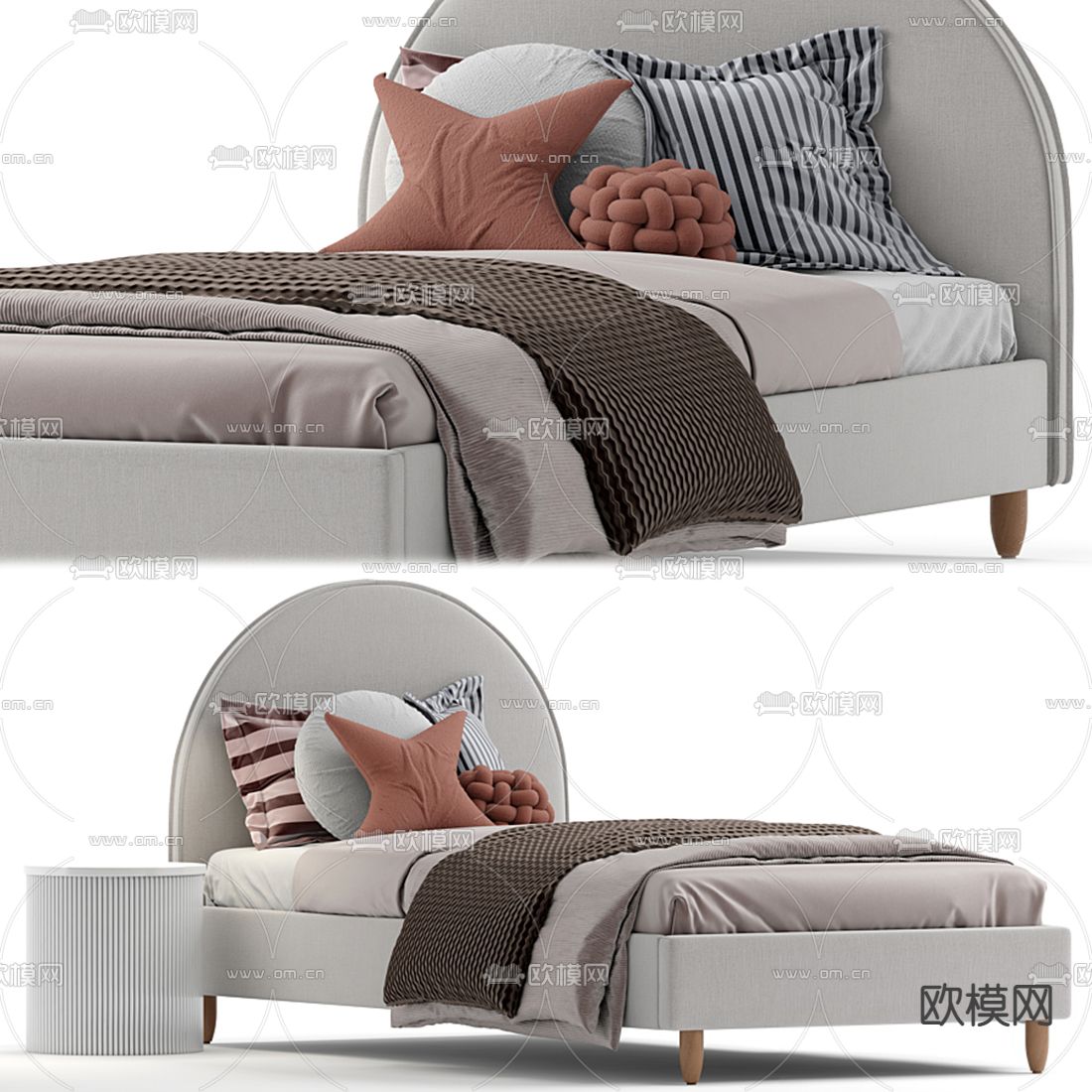 现代灰色布艺单人床3d模型
