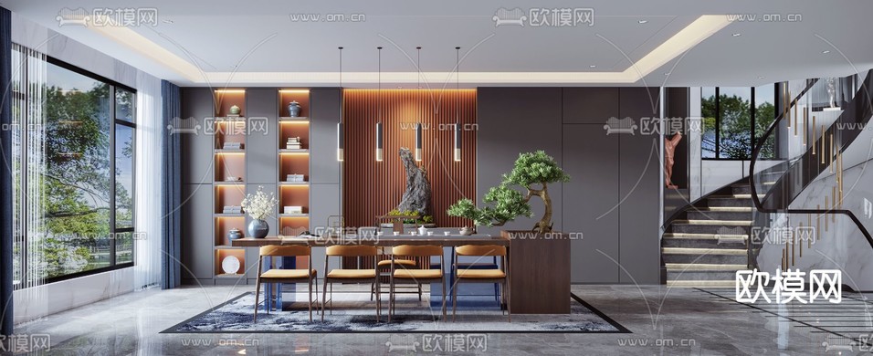 中式轻奢复式茶室3d模型下载