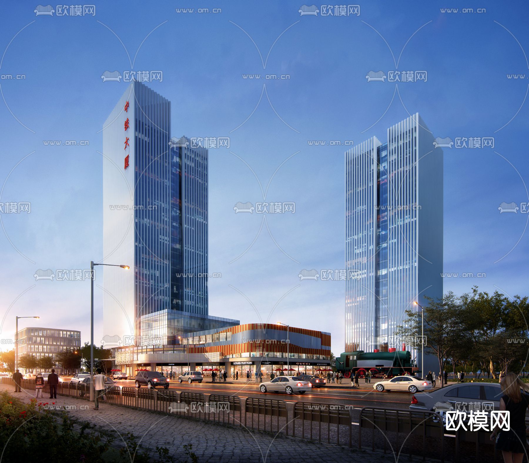 现代高层办公楼建筑外观夜景3d模型下载