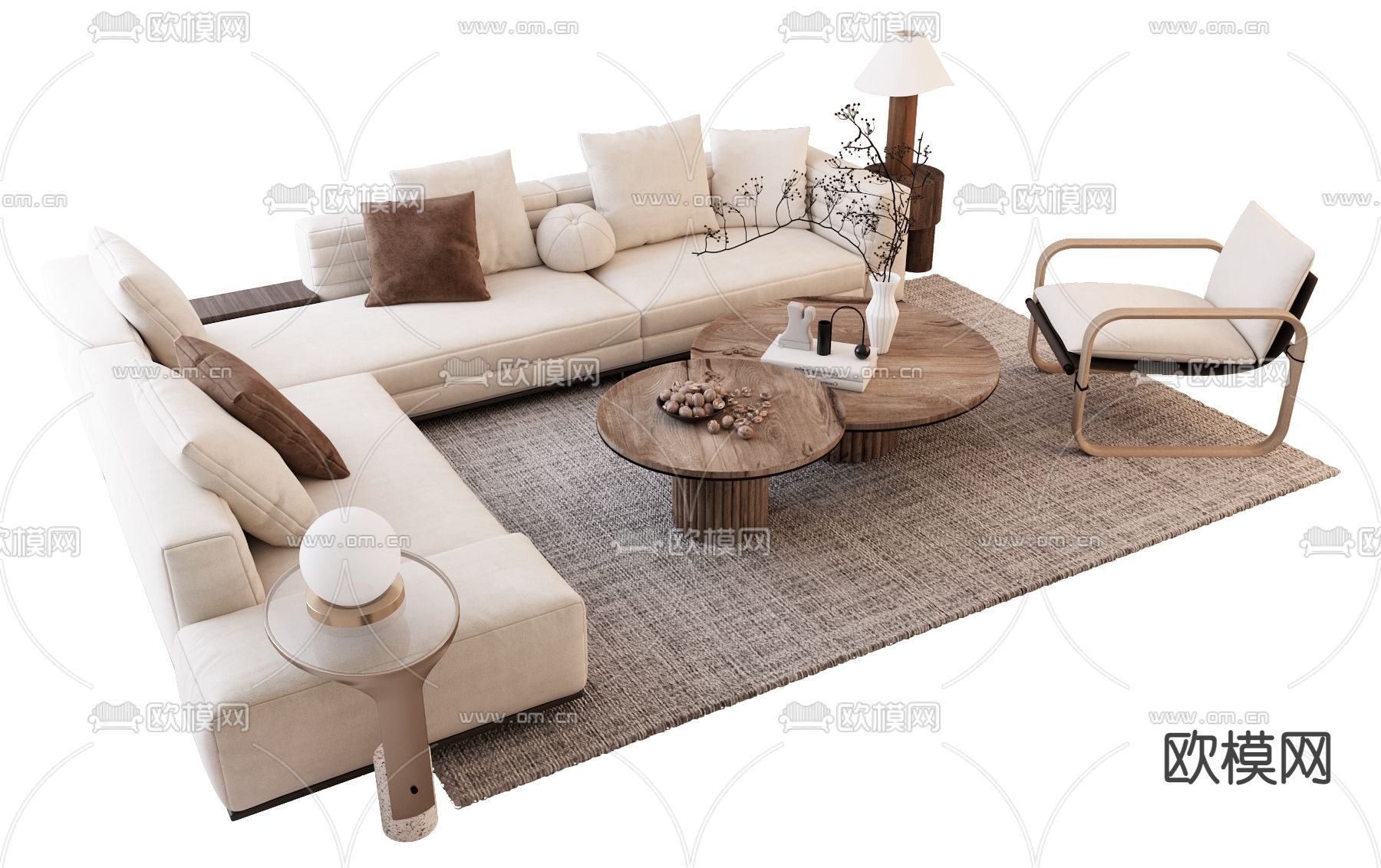 侘寂风转角沙发组合3d模型下载