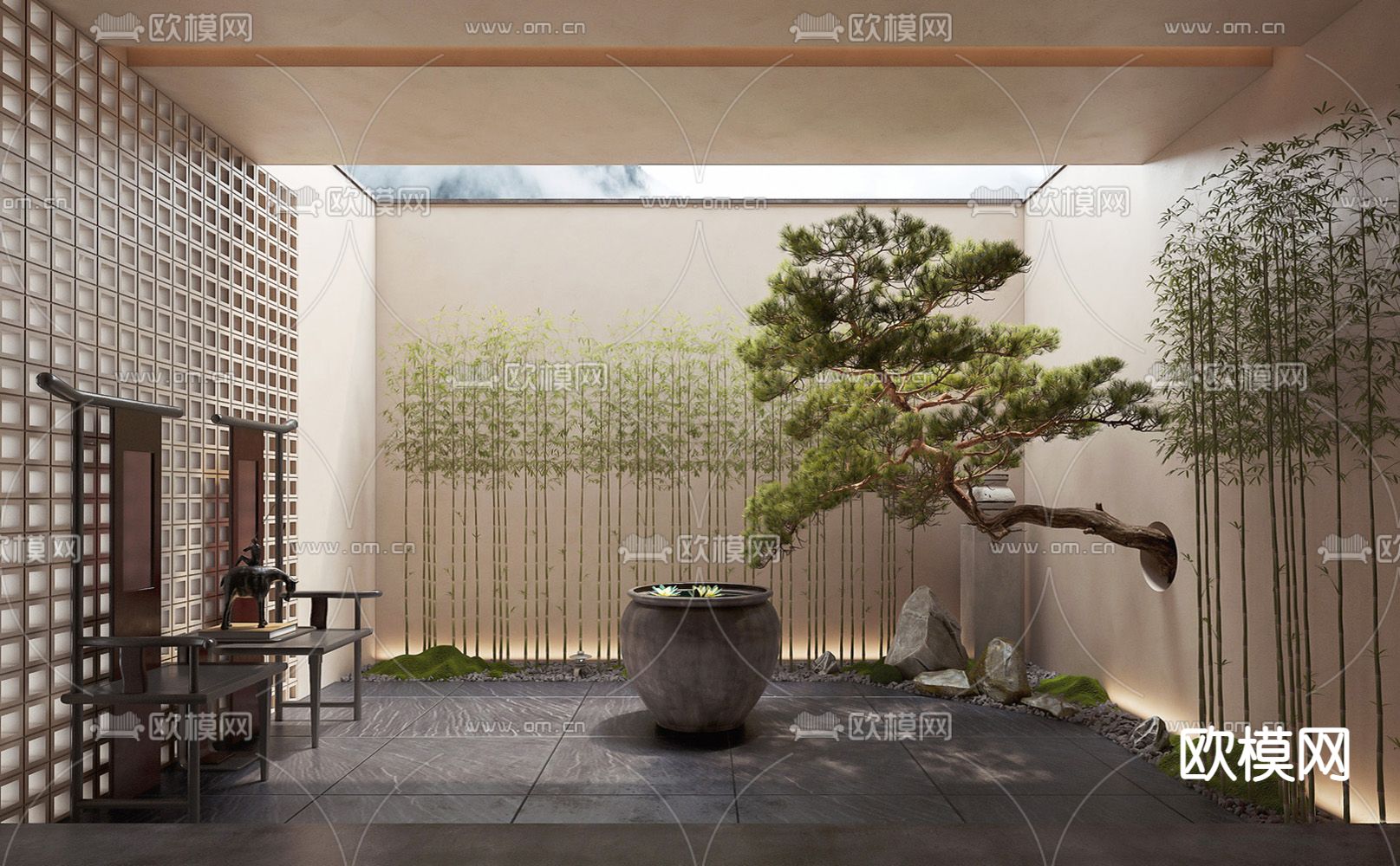 新中式天井庭院景观su模型下载_ID12021100_sketchup模型下载-欧模网