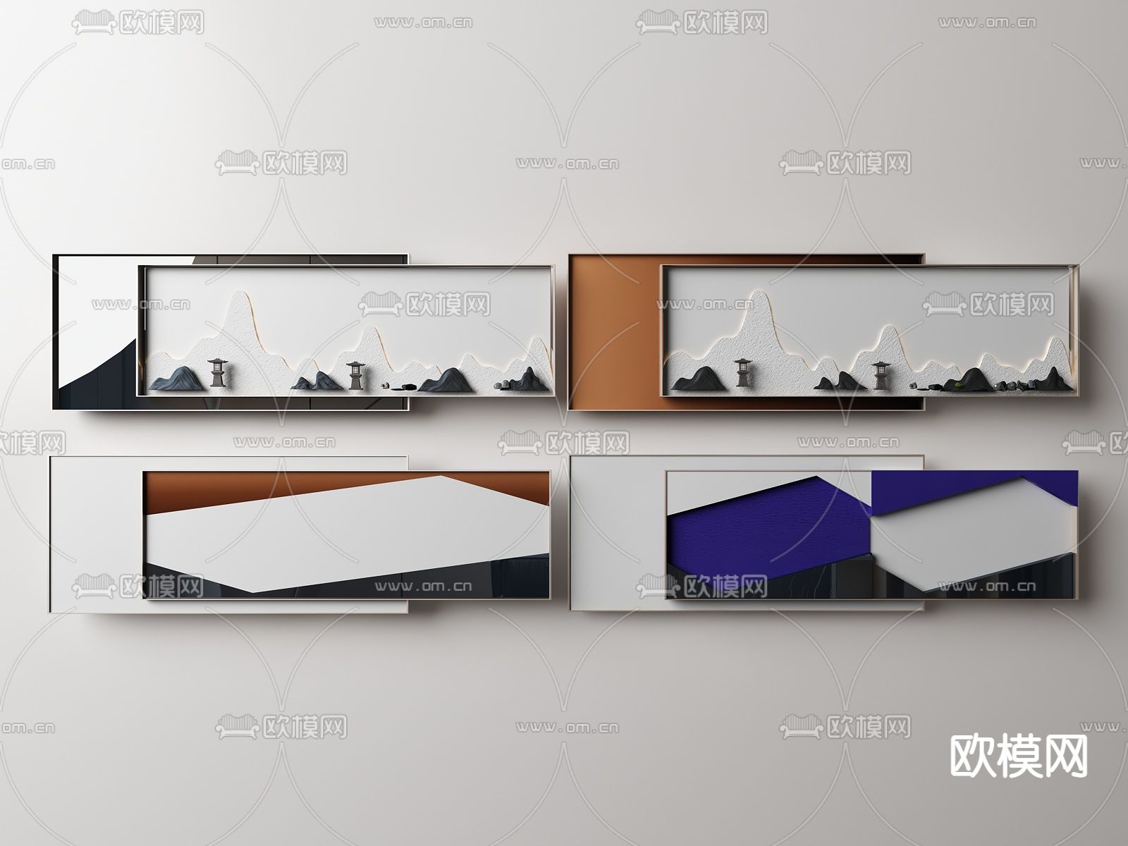 新中式条形山峰石墙饰挂件su模型下载（渲染图1）