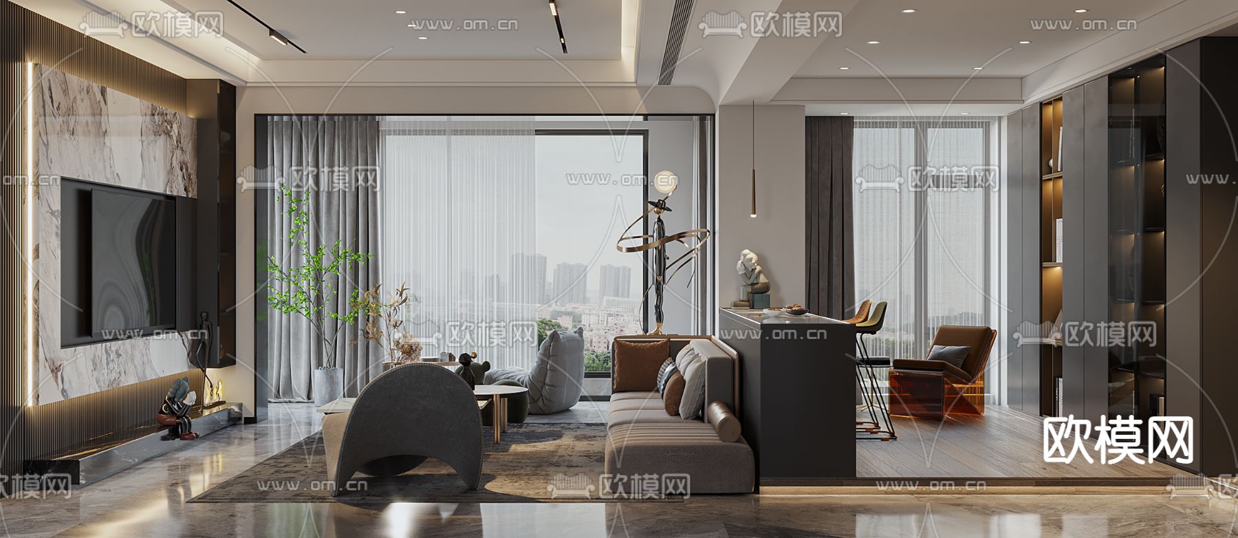 高级灰客厅餐厅3d模型下载（渲染图4）