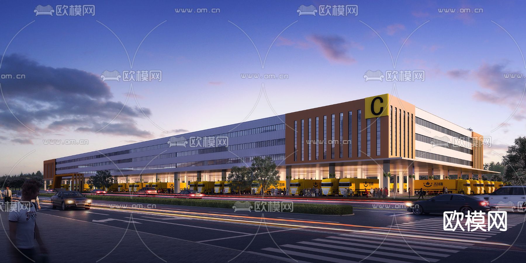 现代物流中心夜景建筑外观3d模型下载