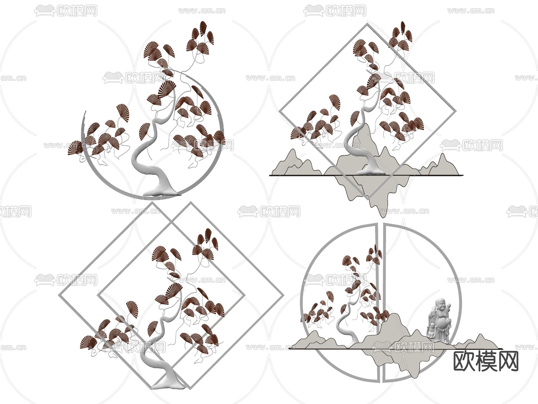 新中式金属松树墙饰挂件su模型下载（渲染图2）