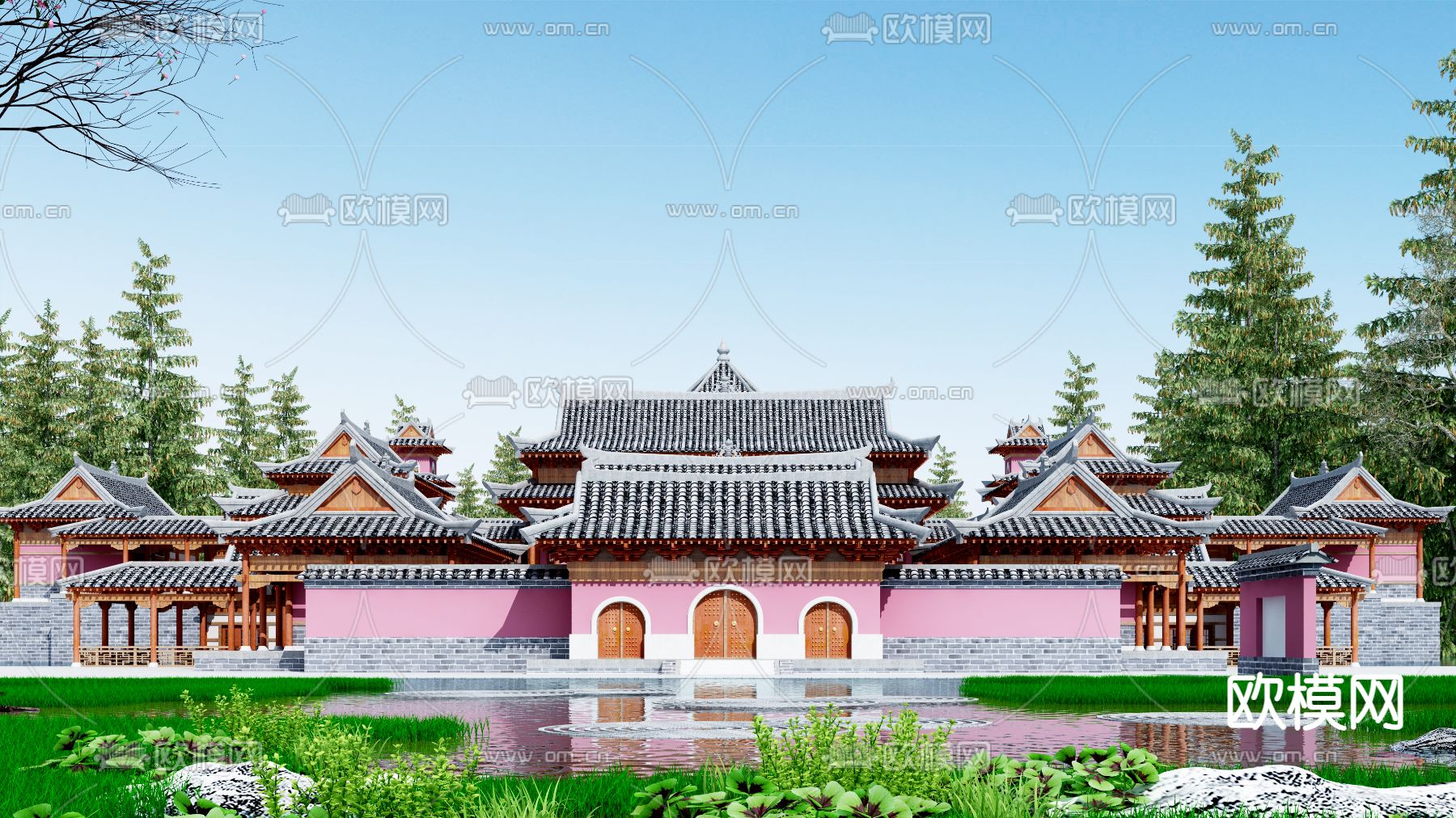 中式古建寺庙外观3d模型下载