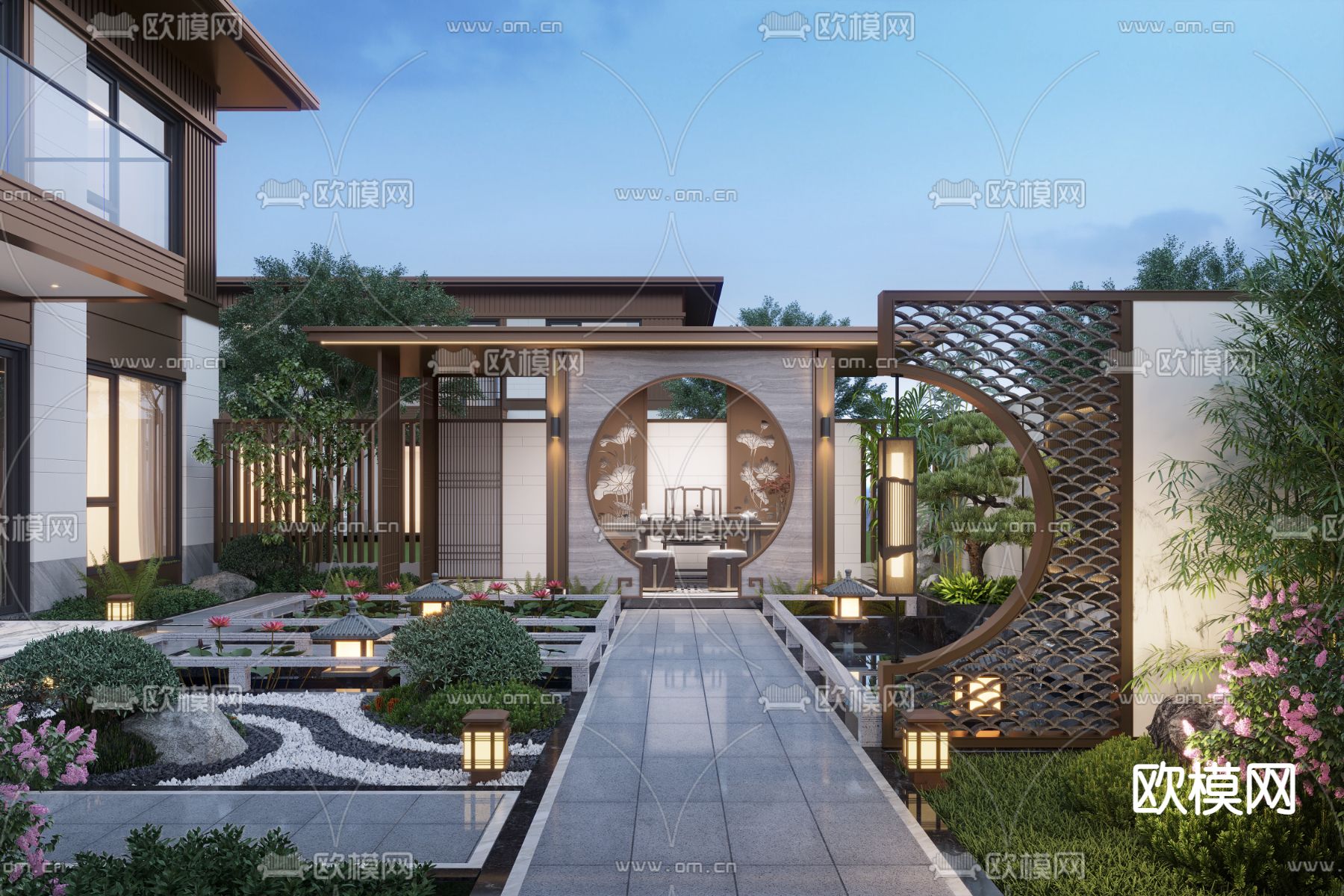 新中式别墅庭院花园夜景3d模型下载（渲染图1）