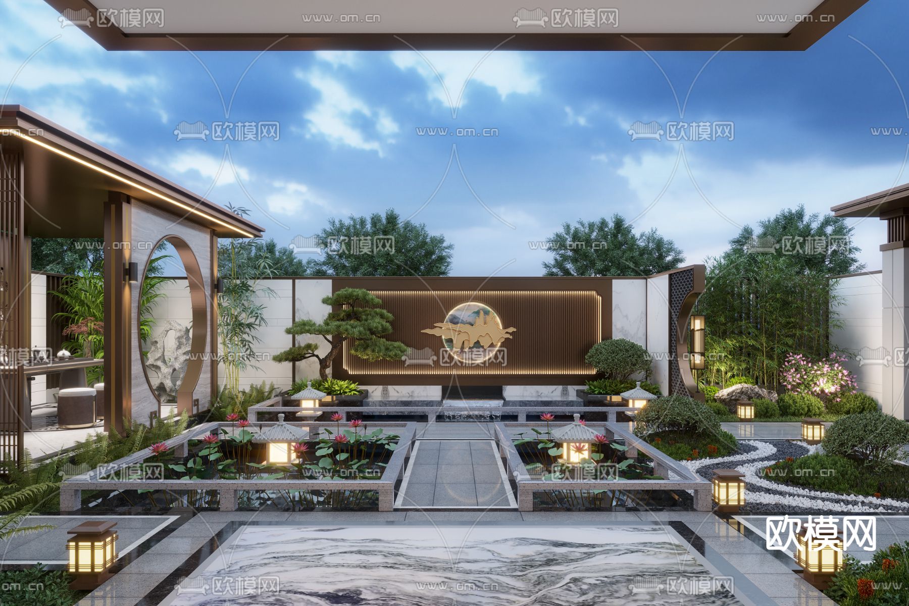 新中式别墅庭院花园夜景3d模型下载（渲染图2）