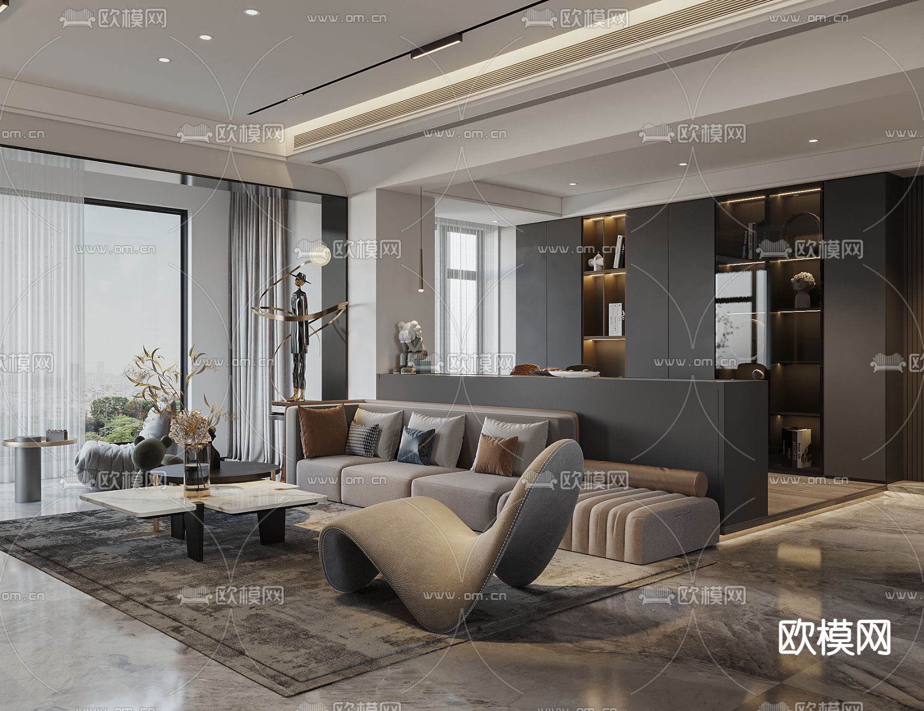 高级灰客厅餐厅3d模型下载（渲染图1）