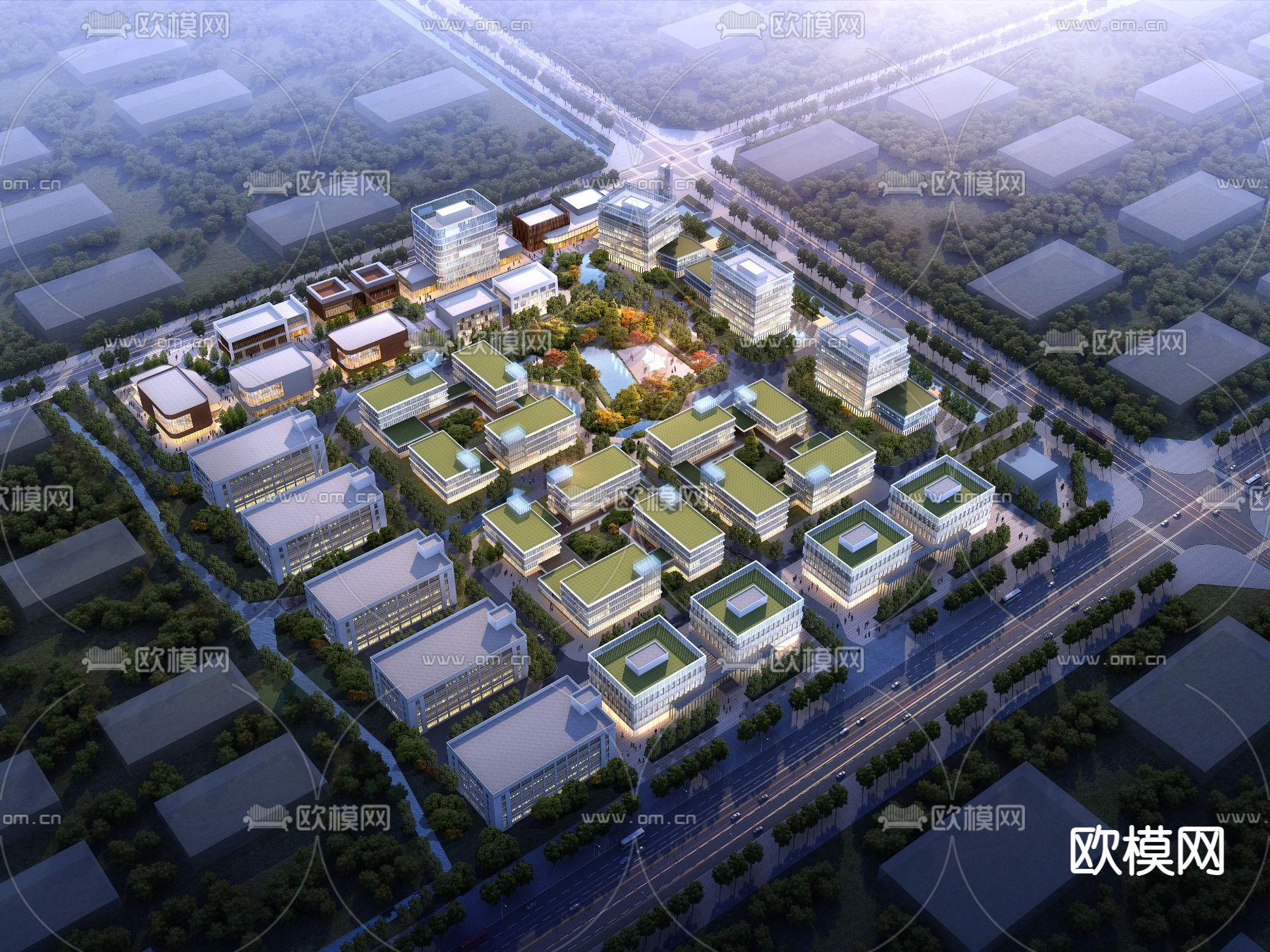 现代产业园区夜景鸟瞰3d模型下载
