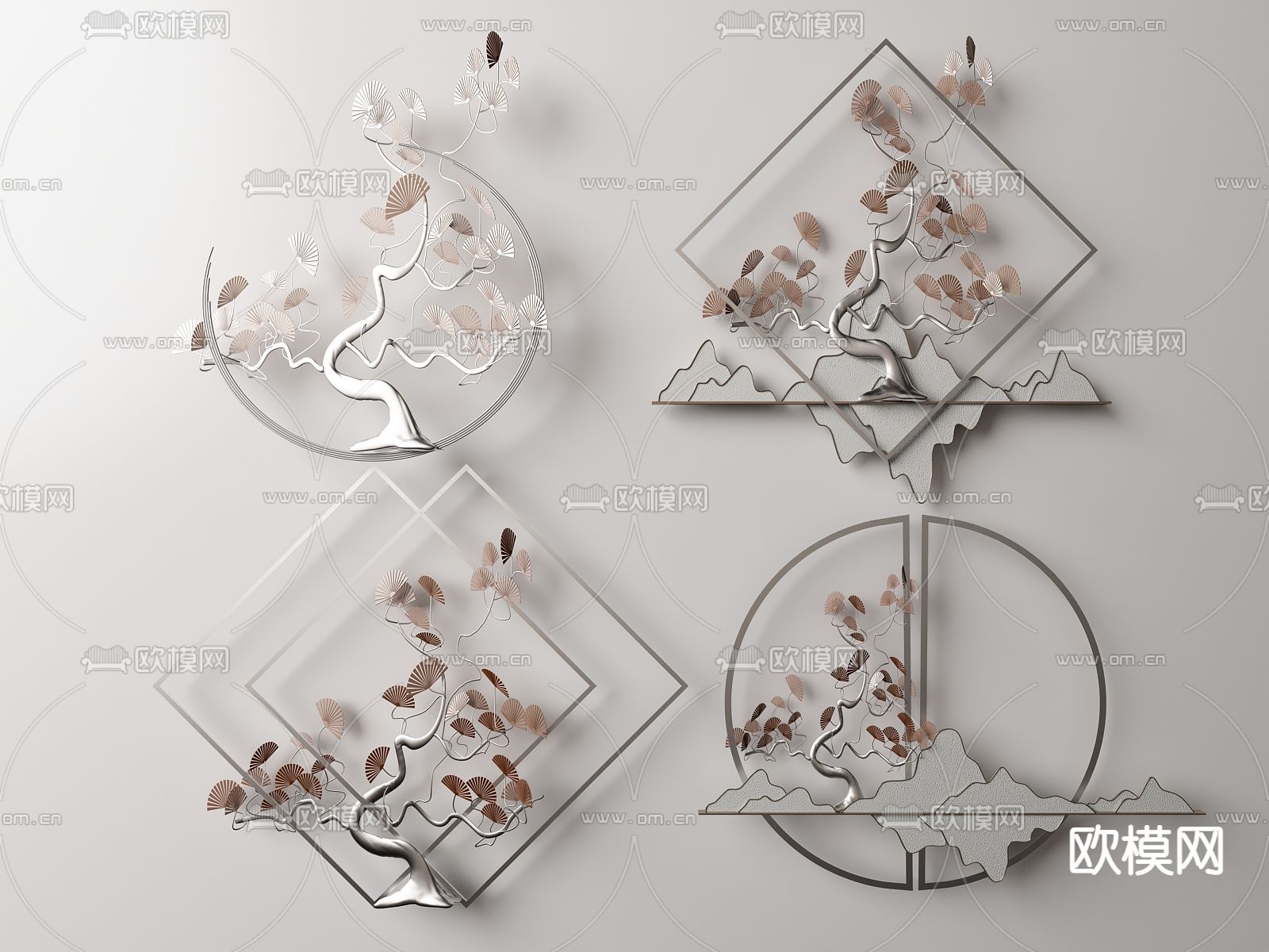 新中式金属松树墙饰挂件su模型下载（渲染图1）