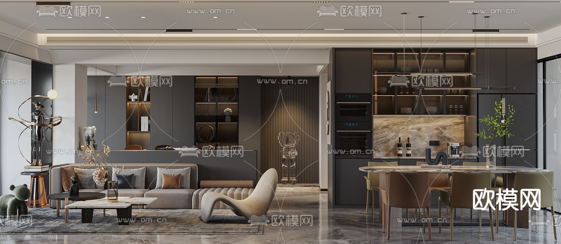 高级灰客厅餐厅3d模型下载（渲染图3）