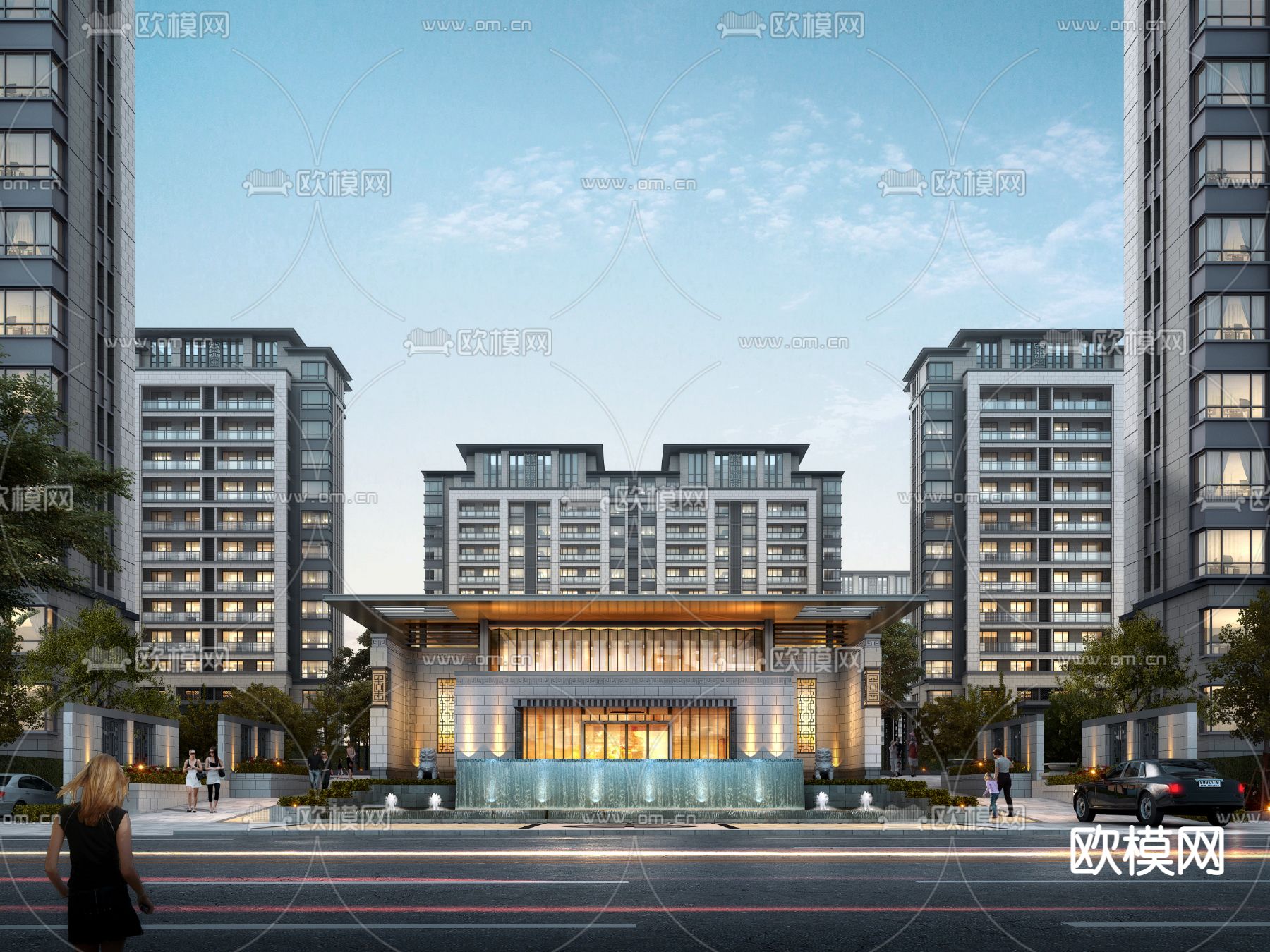 现代住宅大门入口喷泉景观3d模型下载