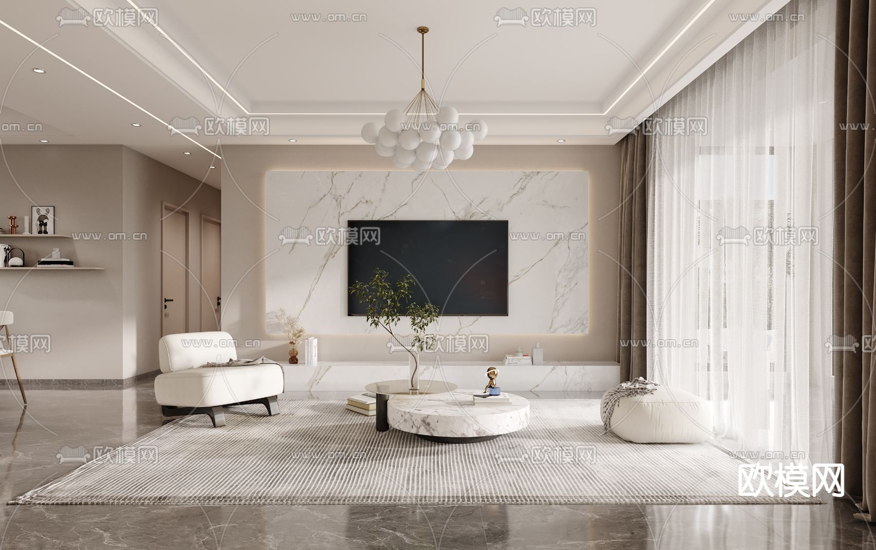 现代奶油风客厅餐厅3d模型下载（渲染图2）