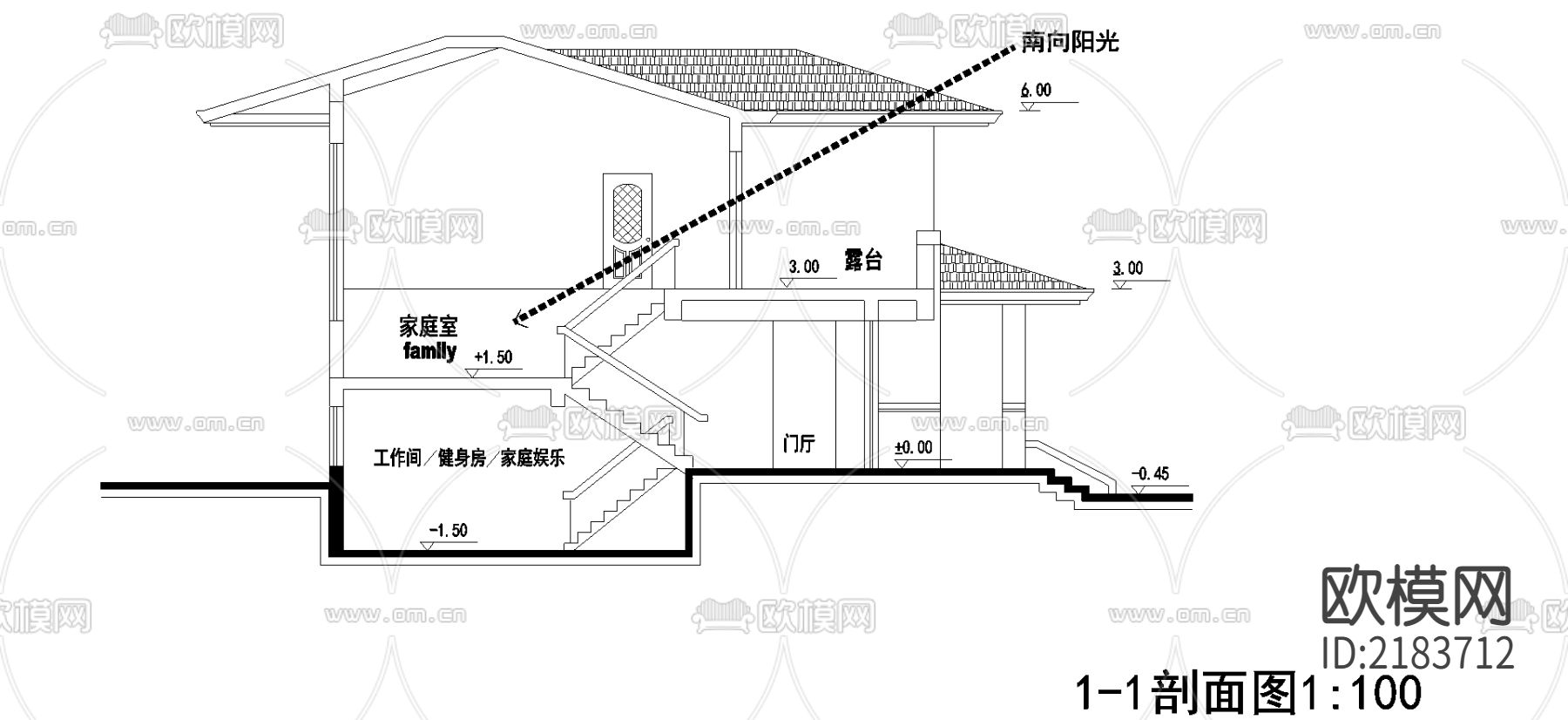 别墅建筑CAD施工图下载（渲染图1）