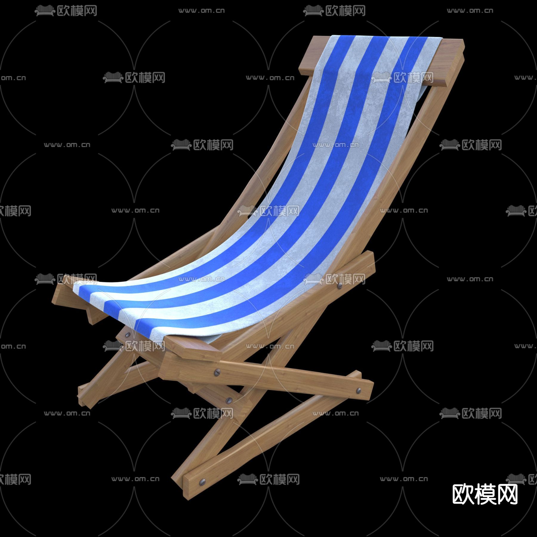 北欧简约实木条纹麻布户外躺椅免费3d模型下载