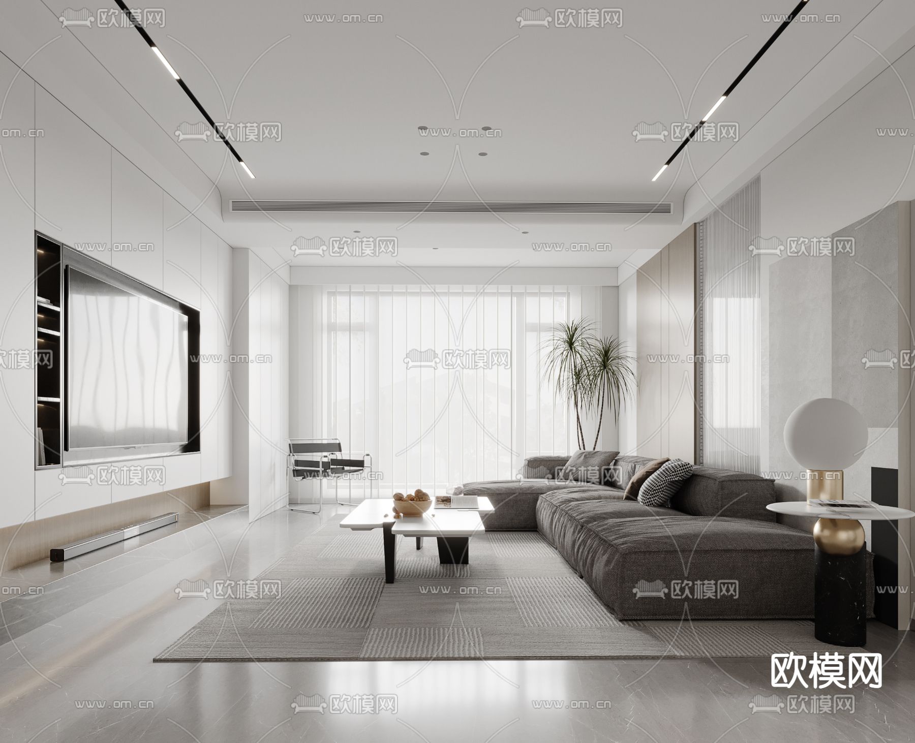 现代奶油风客餐厅3d模型下载（渲染图1）