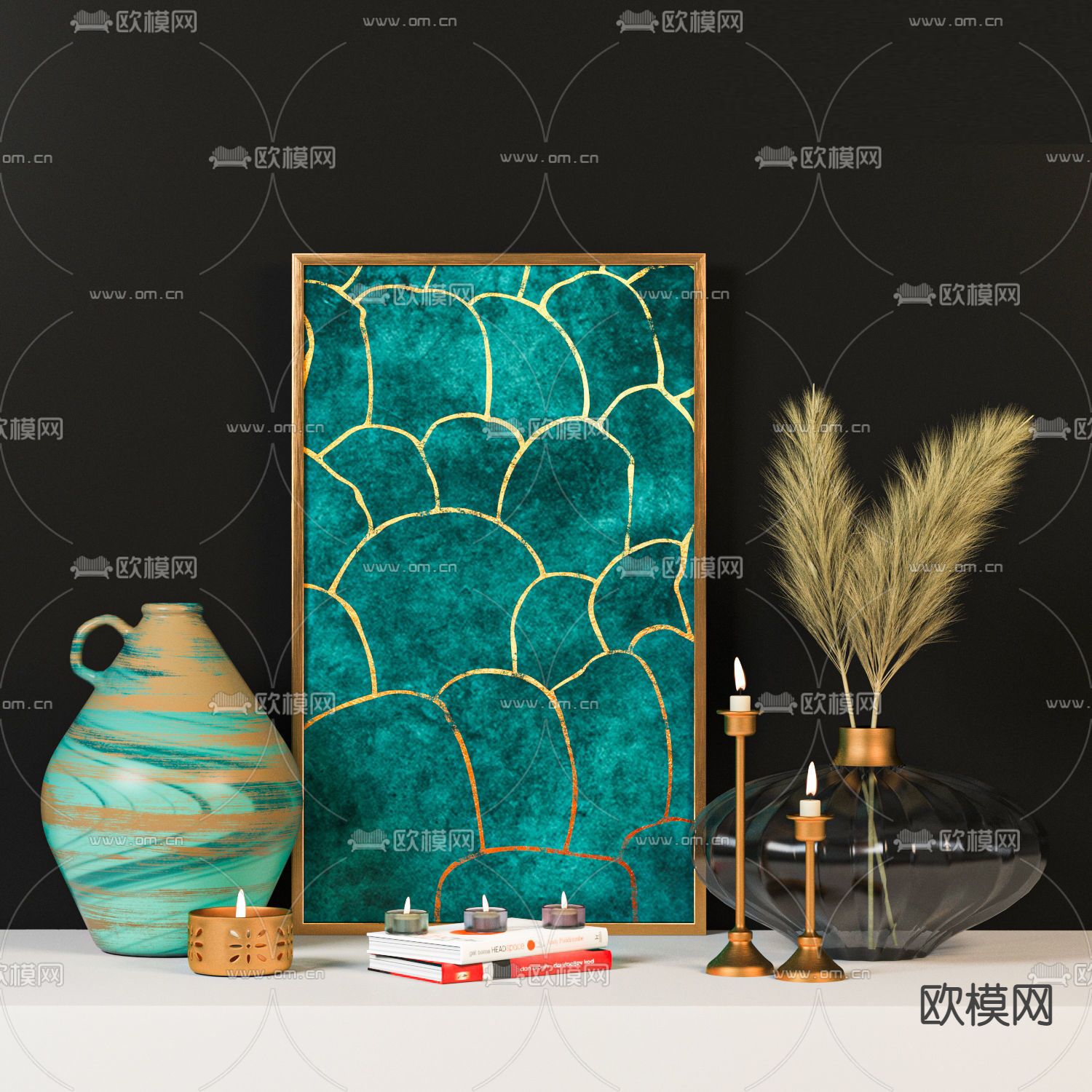 现代轻奢装饰画瓷器书籍烛台艺术摆件免费3d模型下载
