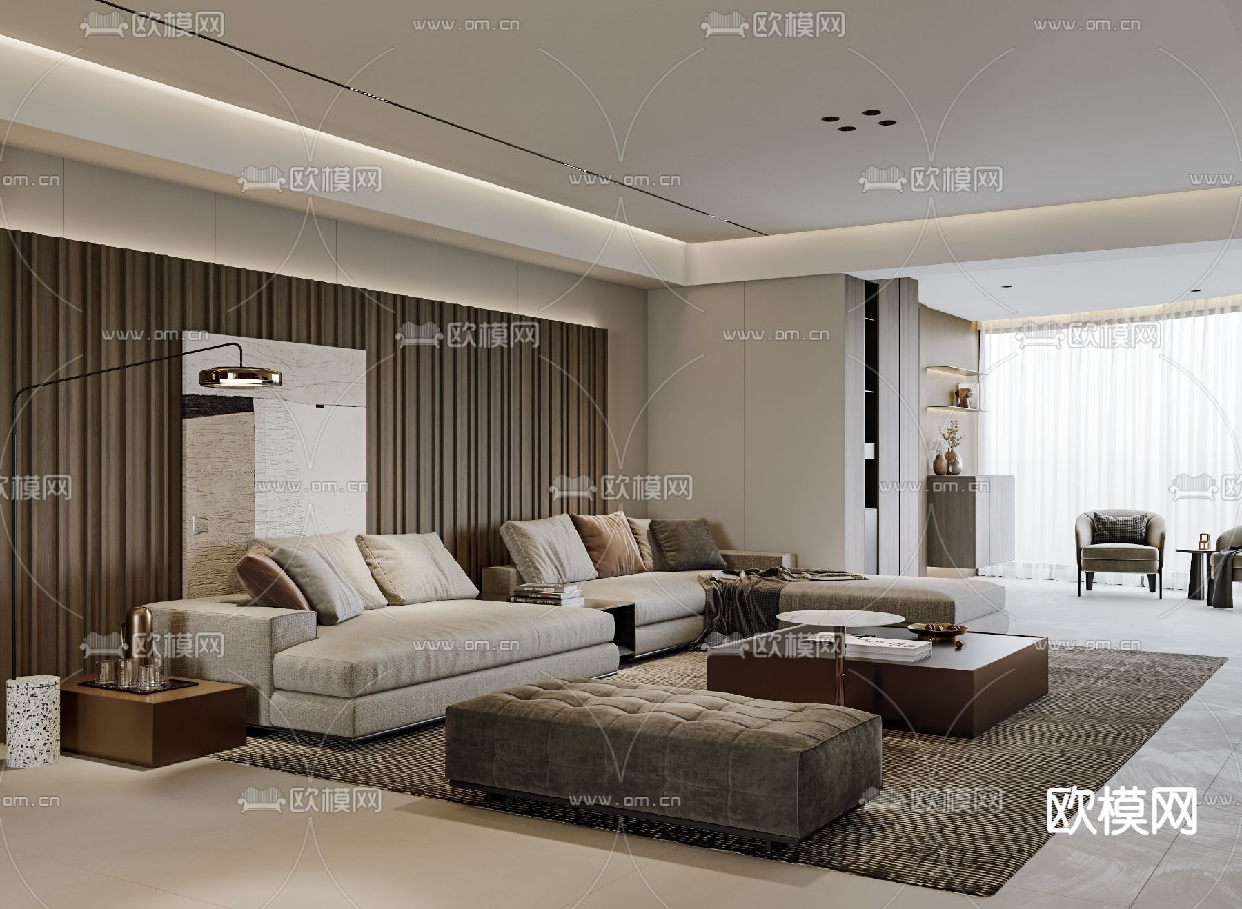 现代客厅餐厅3d模型下载（渲染图1）