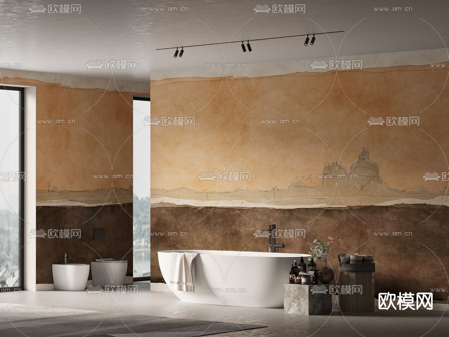 侘寂风浴缸马桶组合3d模型下载