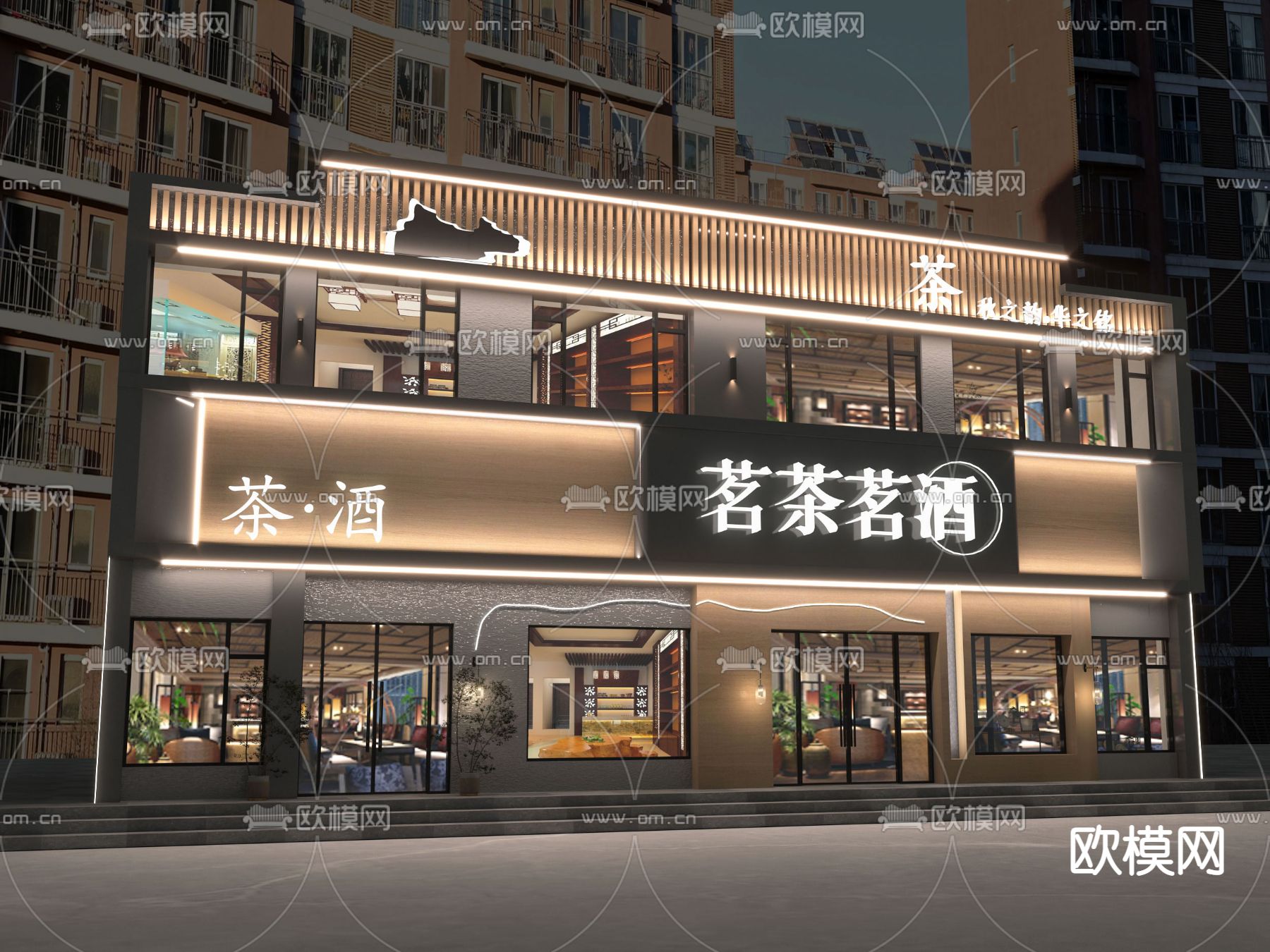 现代茶楼门头免费3d模型下载（渲染图2）