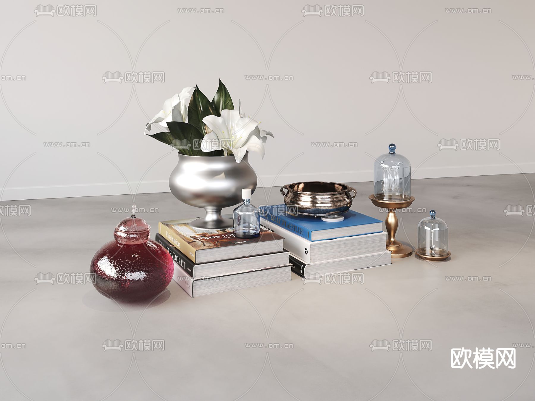 现代书籍烛台花瓶花艺装饰摆件3d模型下载