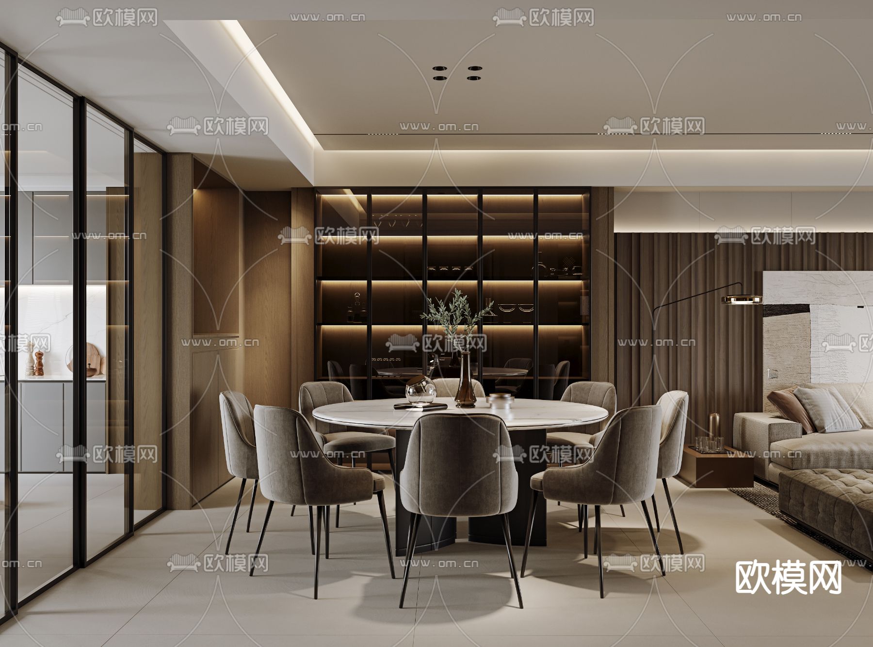 现代客厅餐厅3d模型下载（渲染图3）