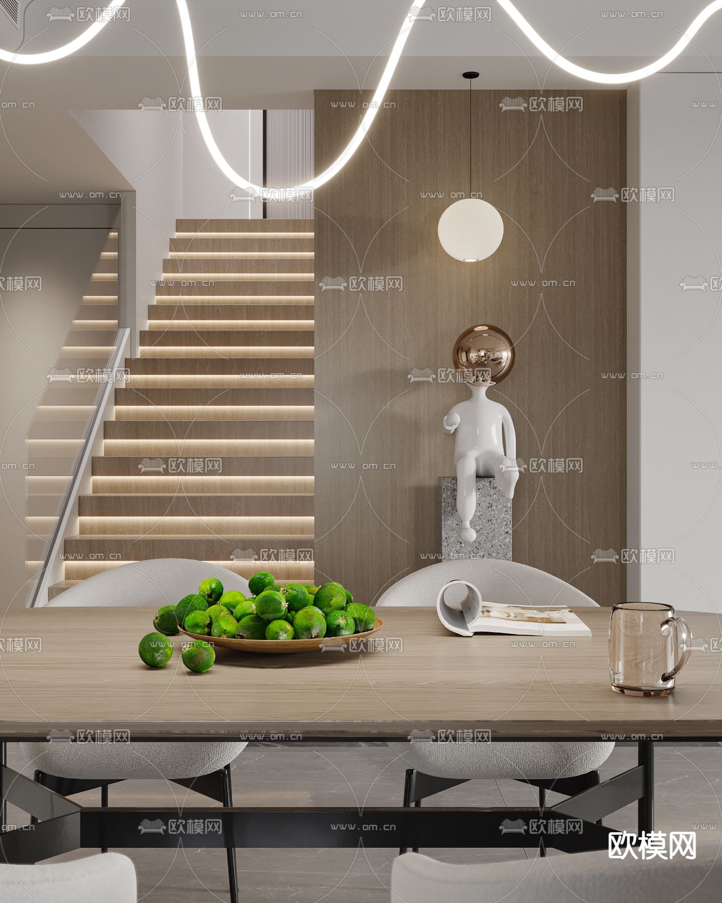 现代奶油风客餐厅3d模型下载（渲染图7）